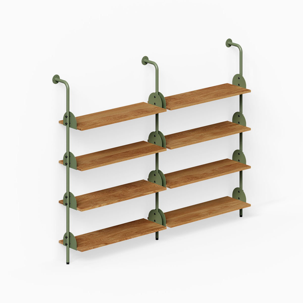 Deco 4-Shelf System - Double Bay with four wood shelves and green metal supports for organized wall display