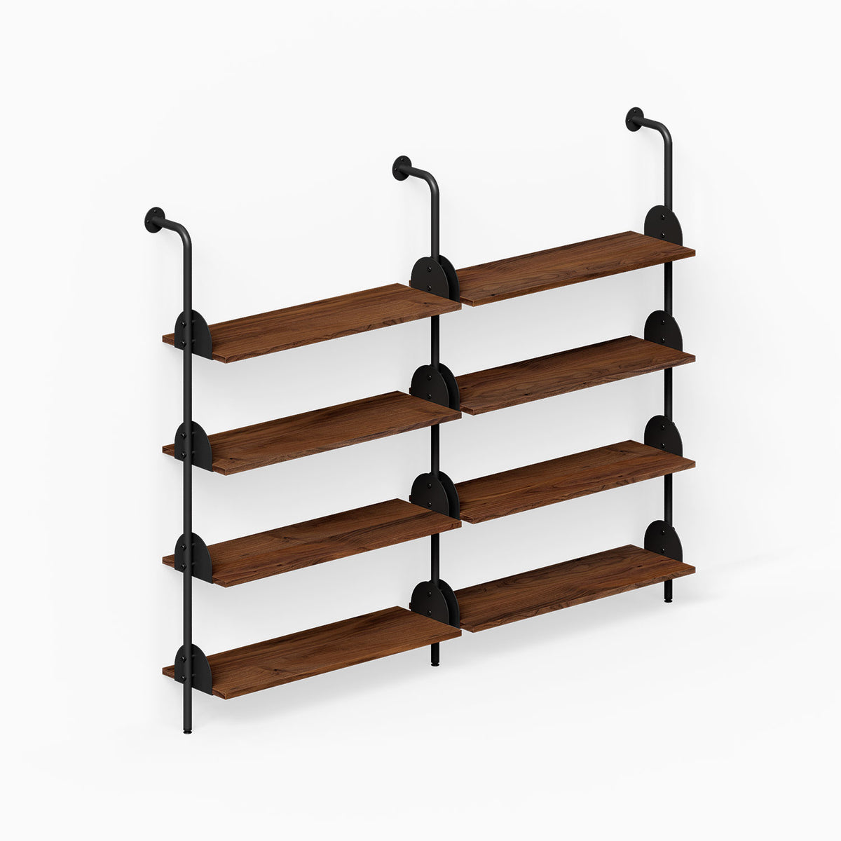 Deco 4-Shelf System - Double Bay with four wood shelves and black steel supports for organized wall display