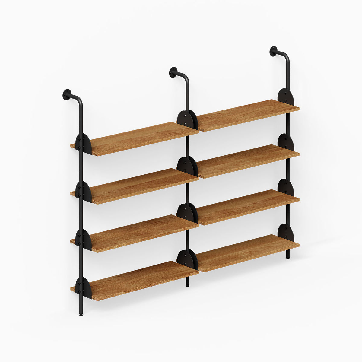 Deco 4-Shelf System - Double Bay featuring four wood shelves and black steel supports for organized wall display