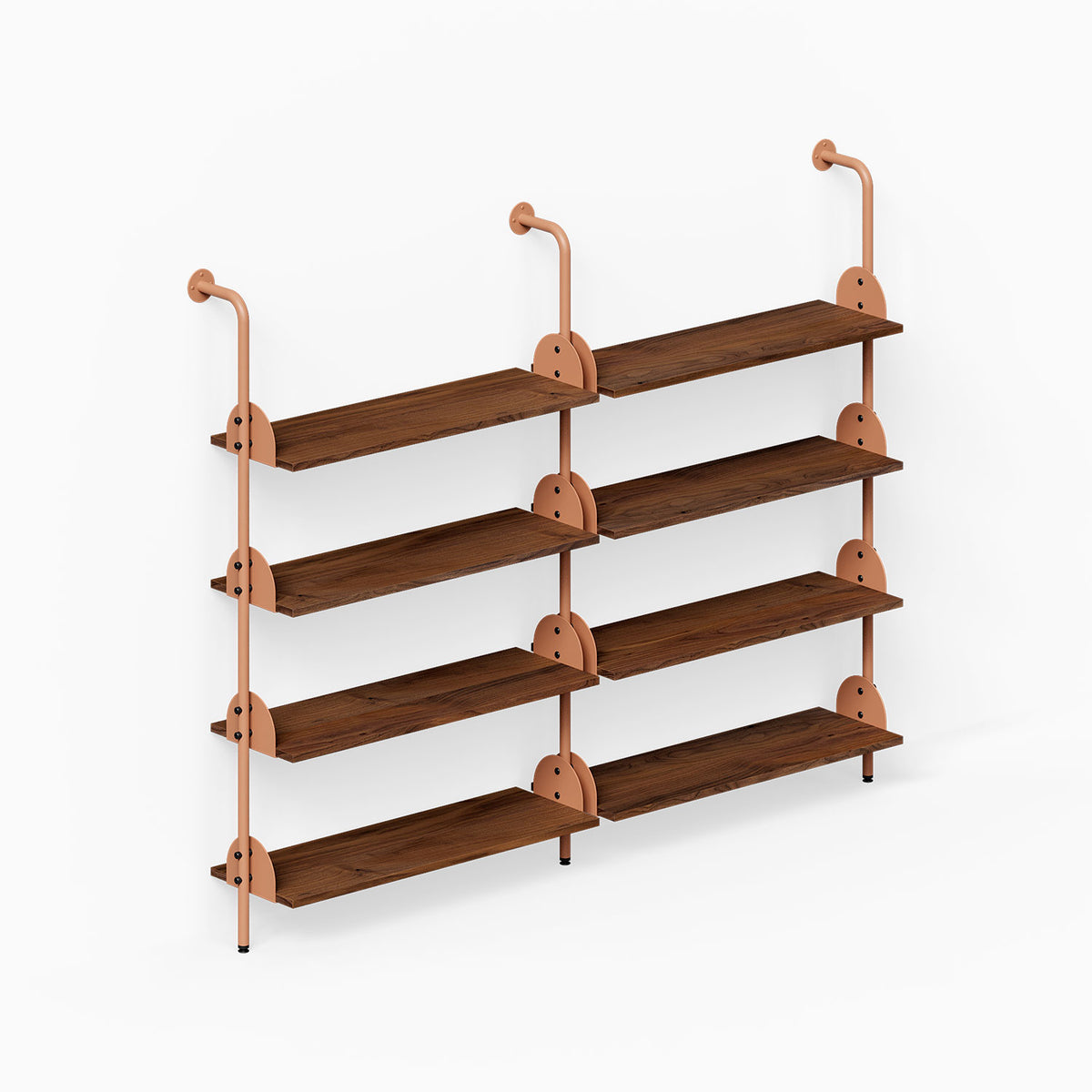 Deco 4-Shelf System - Double Bay with four wood shelves and copper-toned metal supports for organized wall display