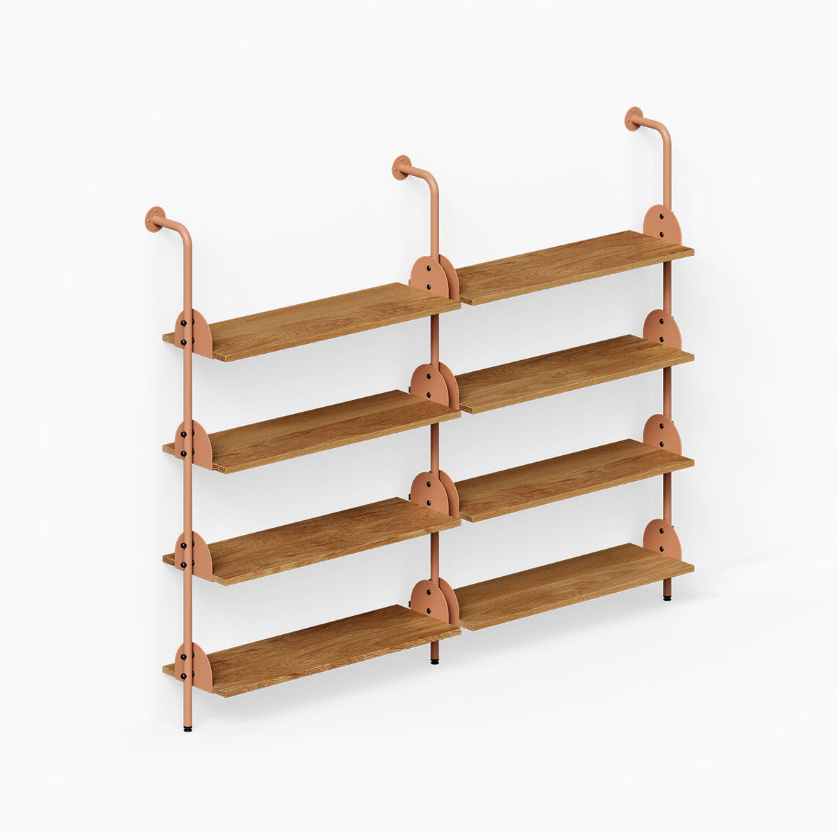 Deco 4-Shelf System - Double Bay with four wood shelves and copper-toned vertical supports for organized wall display