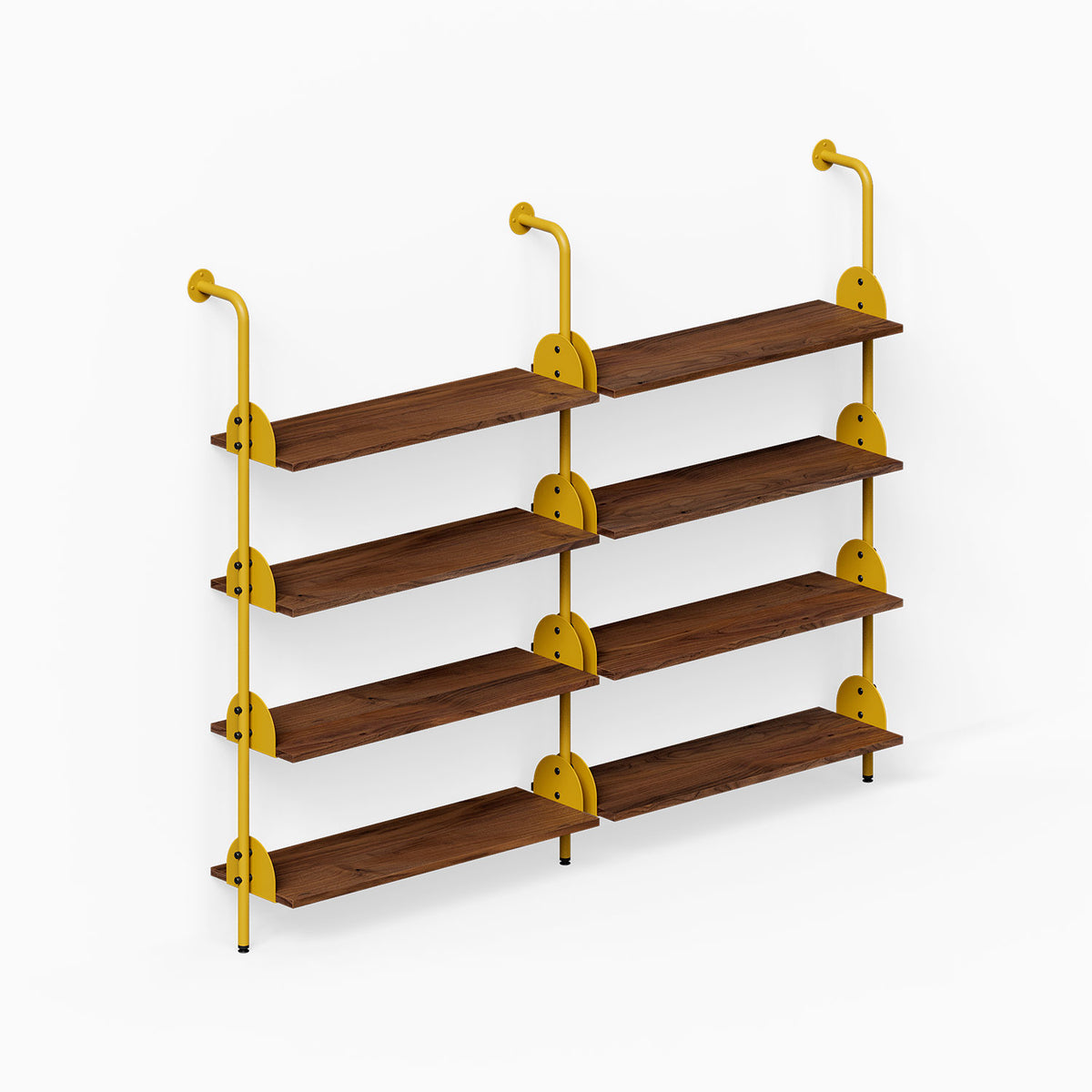 Deco 4-Shelf System - Double Bay with four wood shelves and gold metal supports for organized wall display