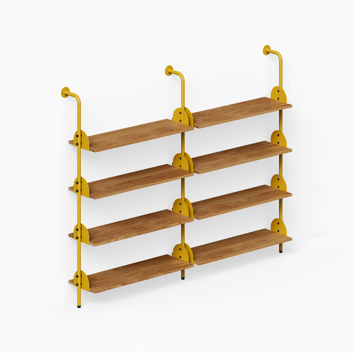 Deco 4-Shelf System - Double Bay with four wood wall shelves and gold metal supports for organized display