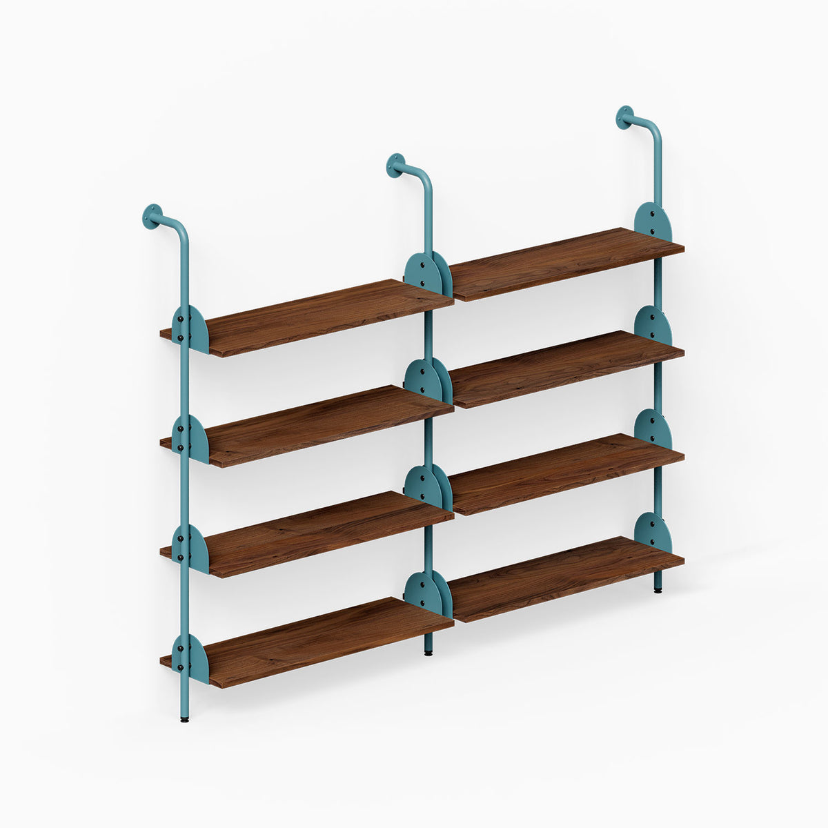 Deco 4-Shelf System - Double Bay with four dark wood wall shelves and a teal metal frame for organized display