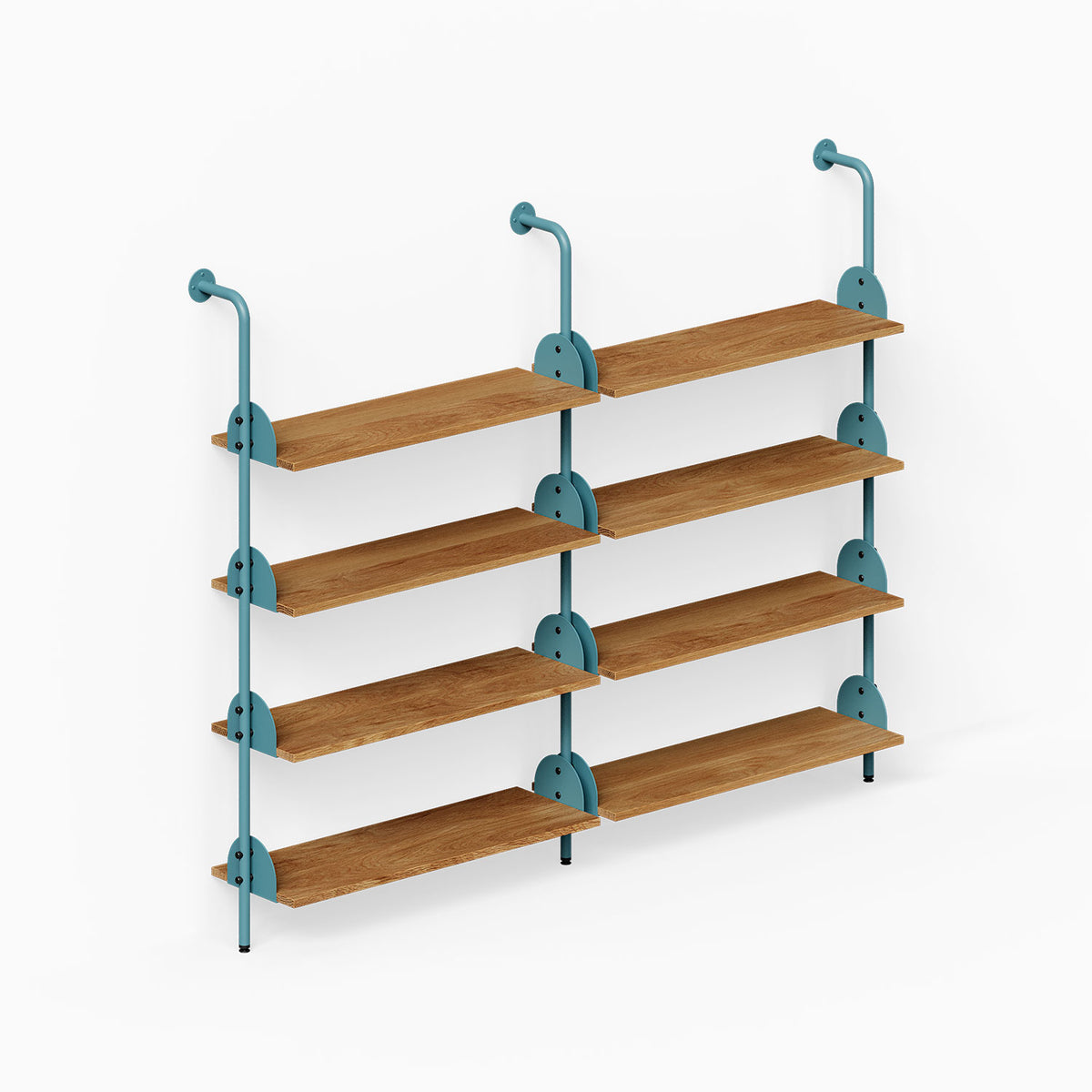 Deco 4-Shelf System - Double Bay featuring four wood shelves and teal metal supports for organized wall display