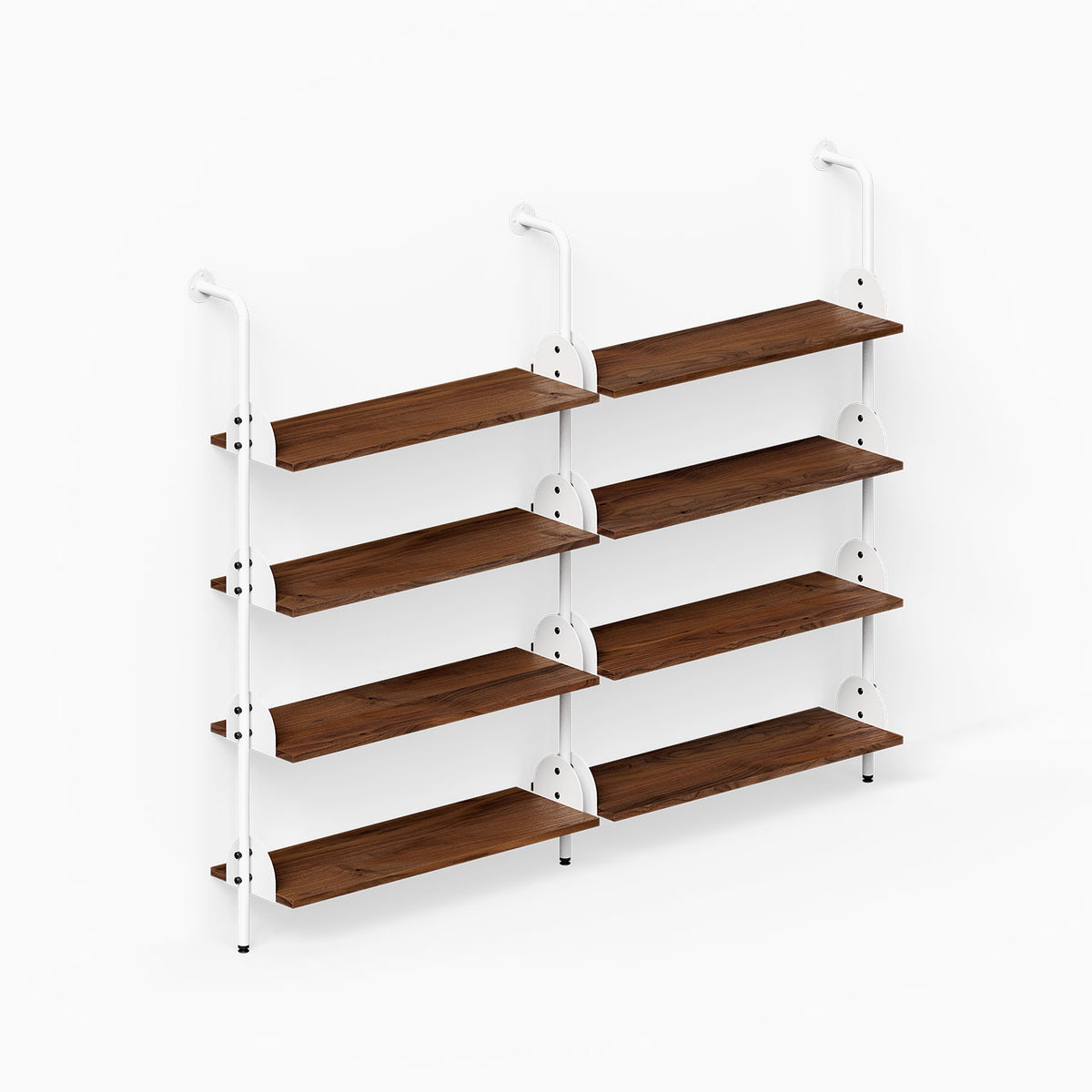Deco 4-Shelf System - Double Bay with eight wood shelves arranged in four tiers on a white wall-mounted steel frame