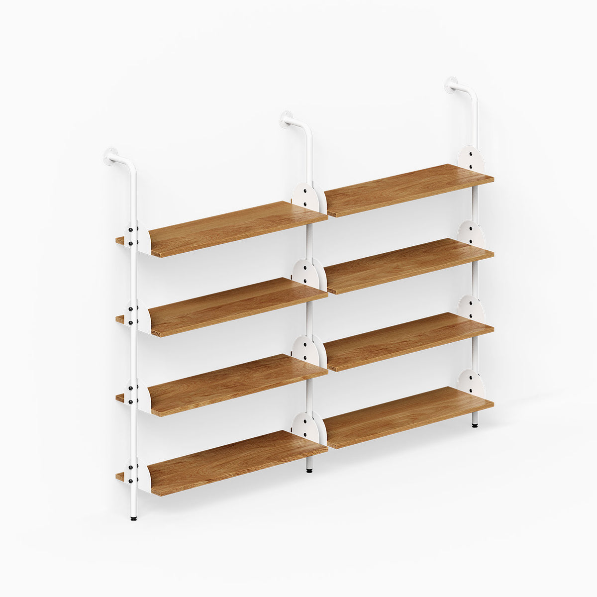 Deco 4-Shelf System - Double Bay featuring four tiers of wood shelves on white steel frames for organized wall display