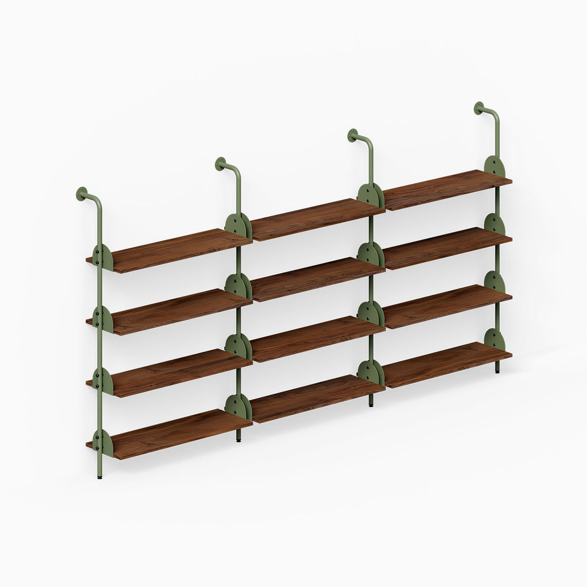 Deco 4-Shelf System - Triple Bay with three bays of four wood shelves and green steel supports for organized wall display