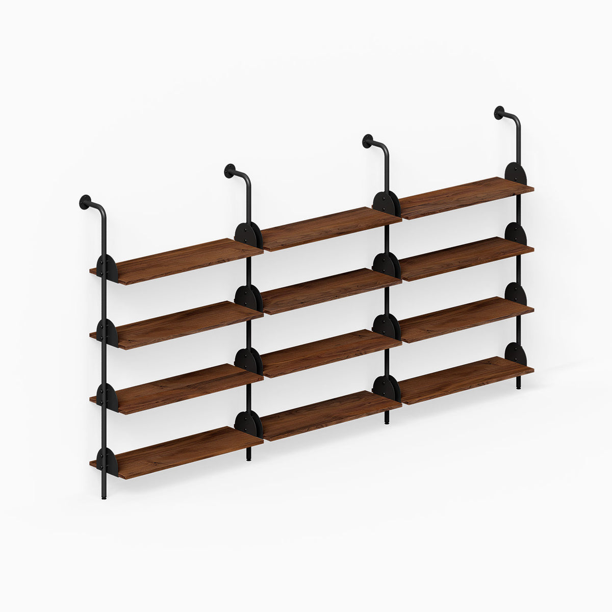 Deco 4-Shelf System - Triple Bay with four tiers of wood shelves and black metal supports for organized wall display
