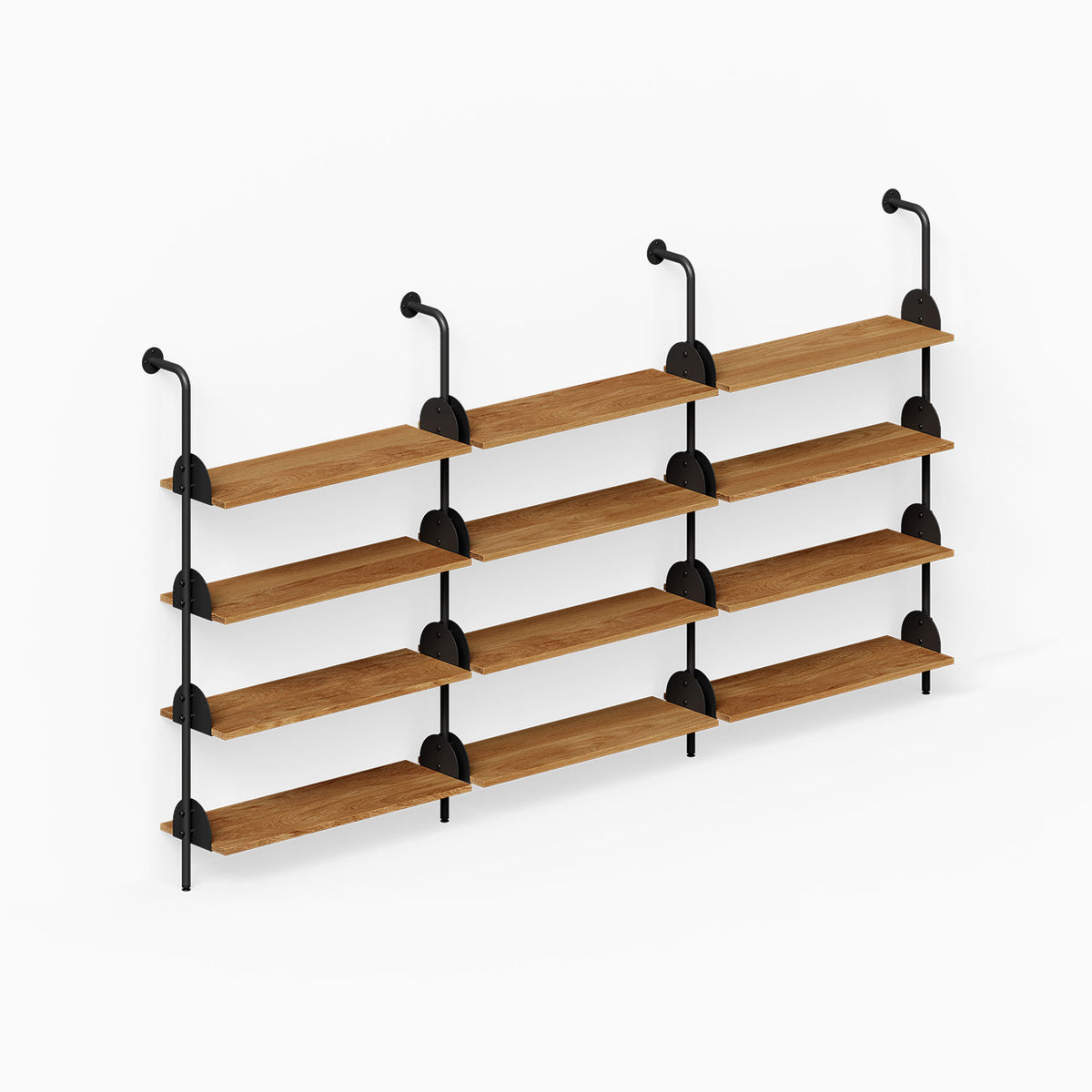Deco 4-Shelf System - Triple Bay with four wood shelves and black steel supports for organized wall display