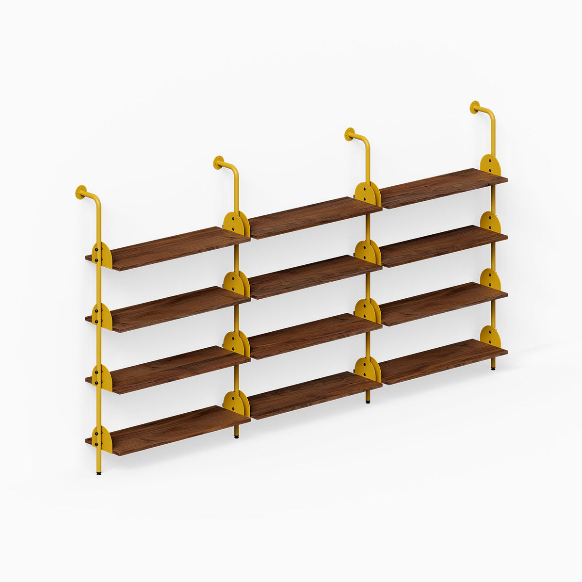 Deco 4-Shelf System - Triple Bay with three wood and steel bays and four tiers of wall shelves for organized display