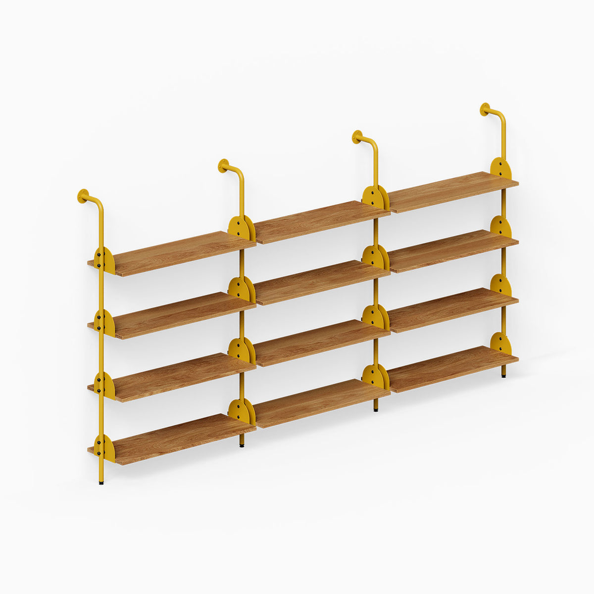 Deco 4-Shelf System - Triple Bay with three bays of wood shelves and gold wall supports for organized display