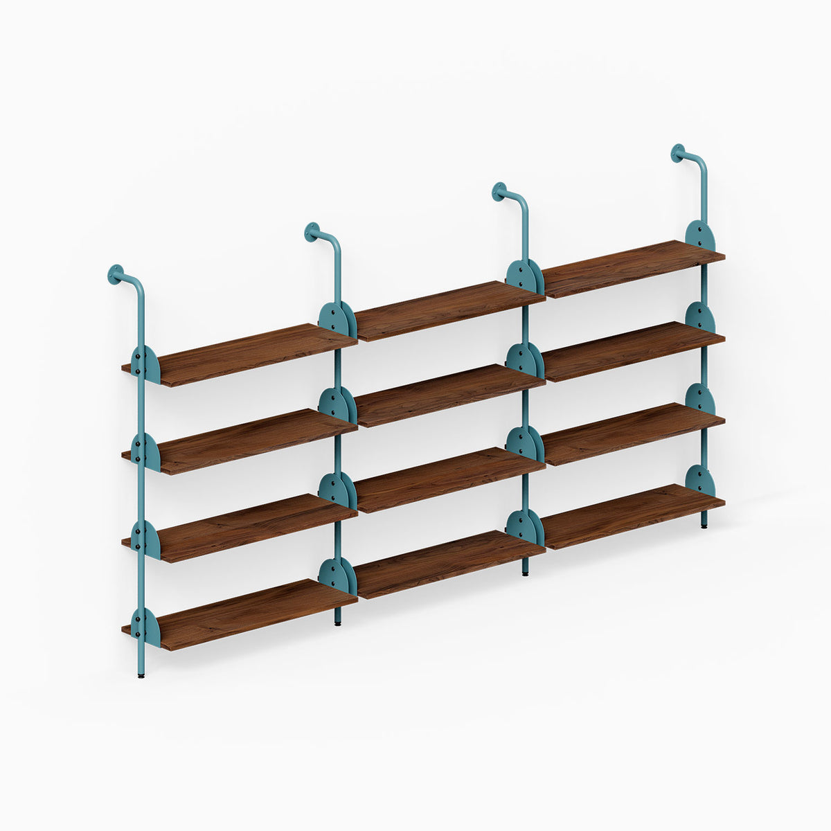 Deco 4-Shelf System - Triple Bay with four tiers of wood shelves and teal metal supports for organized wall display