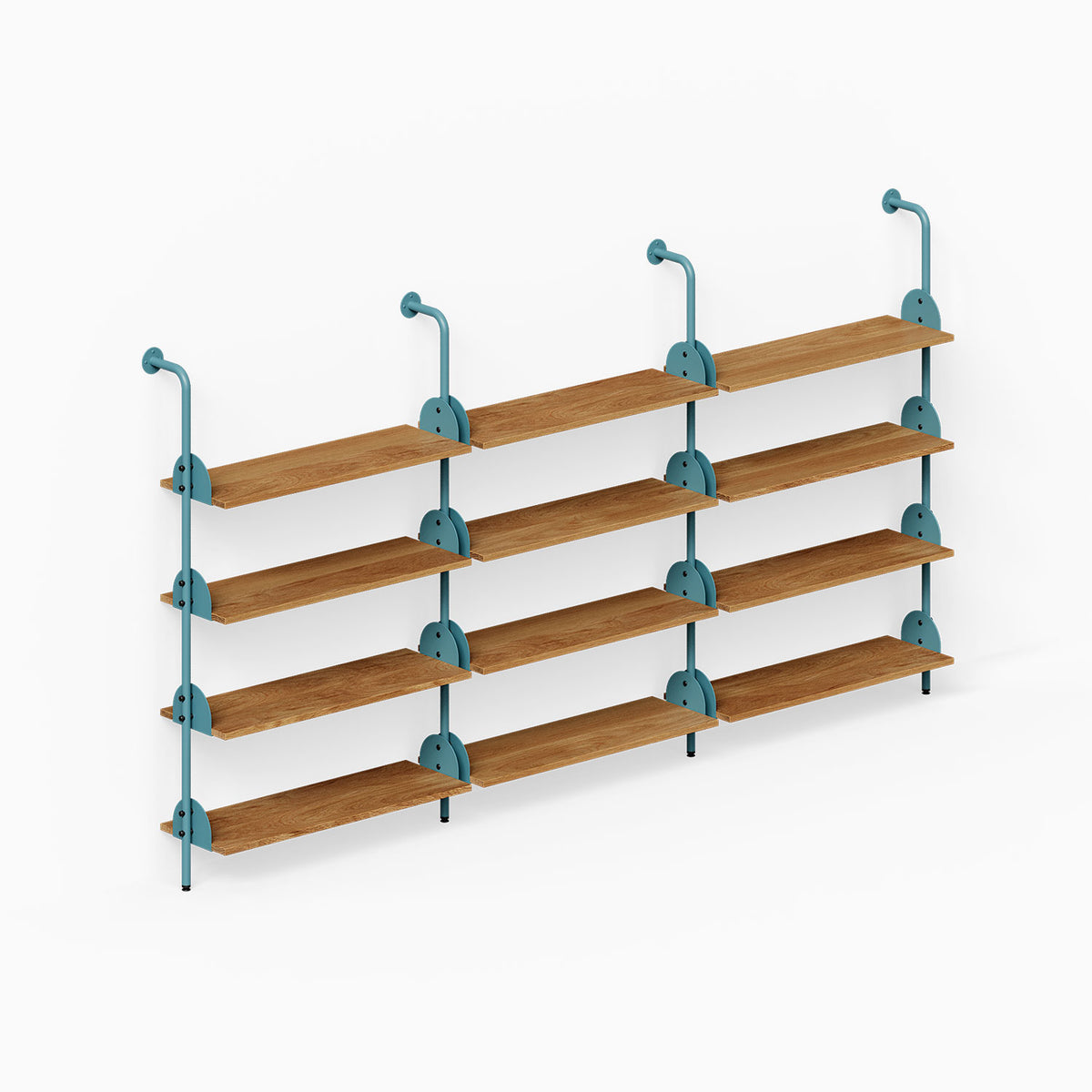 Deco 4-Shelf System - Triple Bay with wood shelves and teal steel supports for organized wall display