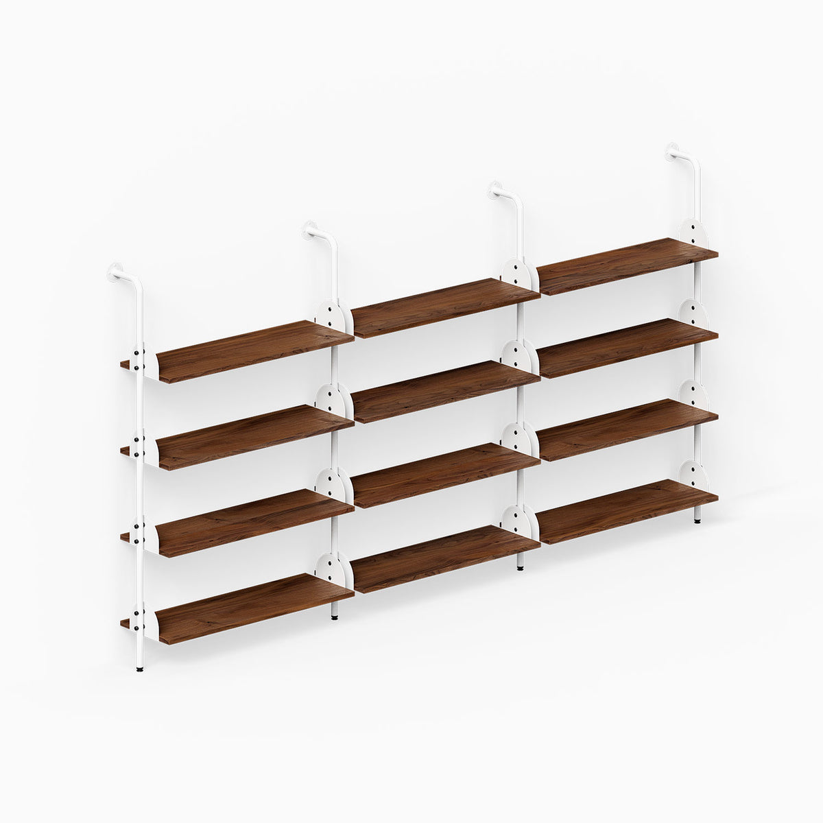 Deco 4-Shelf System - Triple Bay with four rows of dark wood wall shelves across three white bays