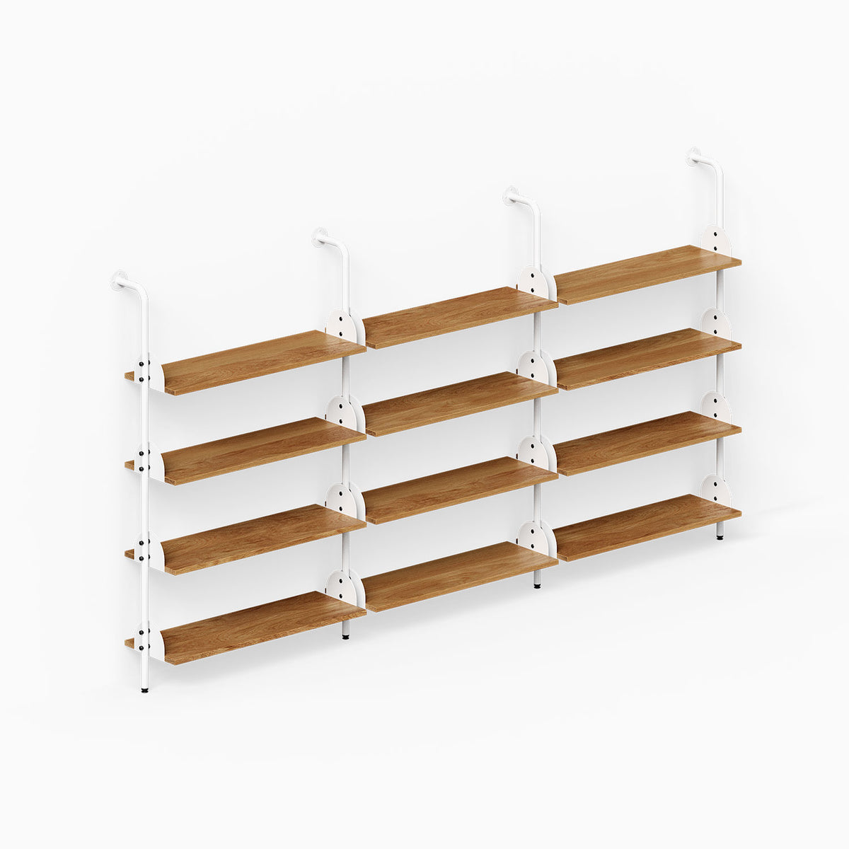 Deco 4-Shelf System - Triple Bay featuring three white wall mounted bays with four wood shelves each
