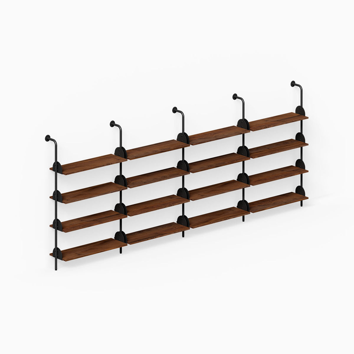 Four tier wall shelves with dark wood planks and black metal supports against a white background