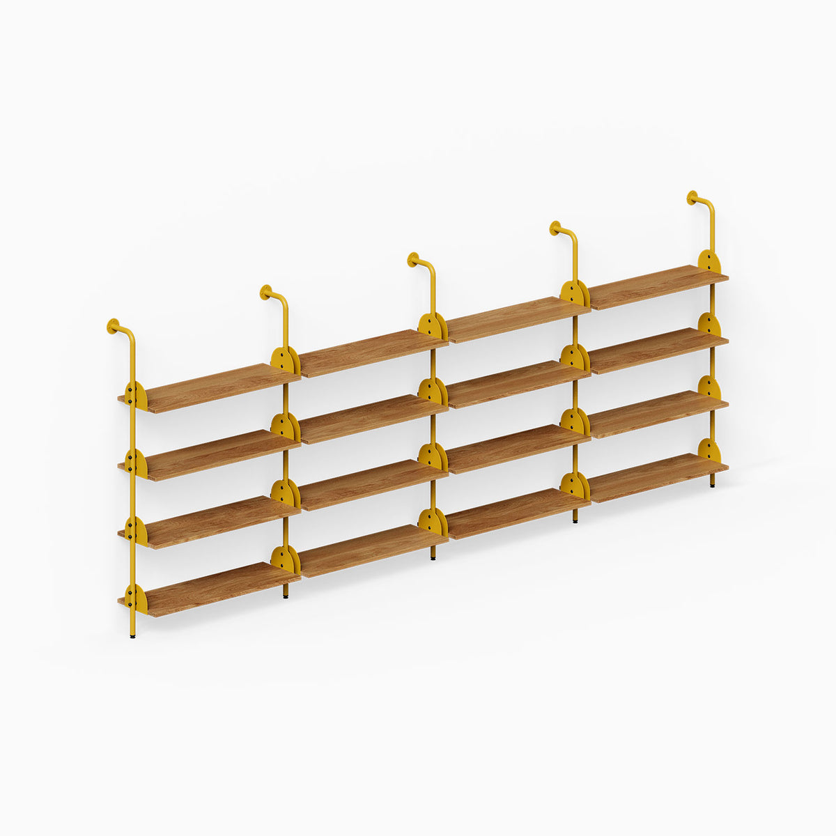Four-tier wall shelving system with warm wood shelves and yellow metal supports arranged in a long modular display
