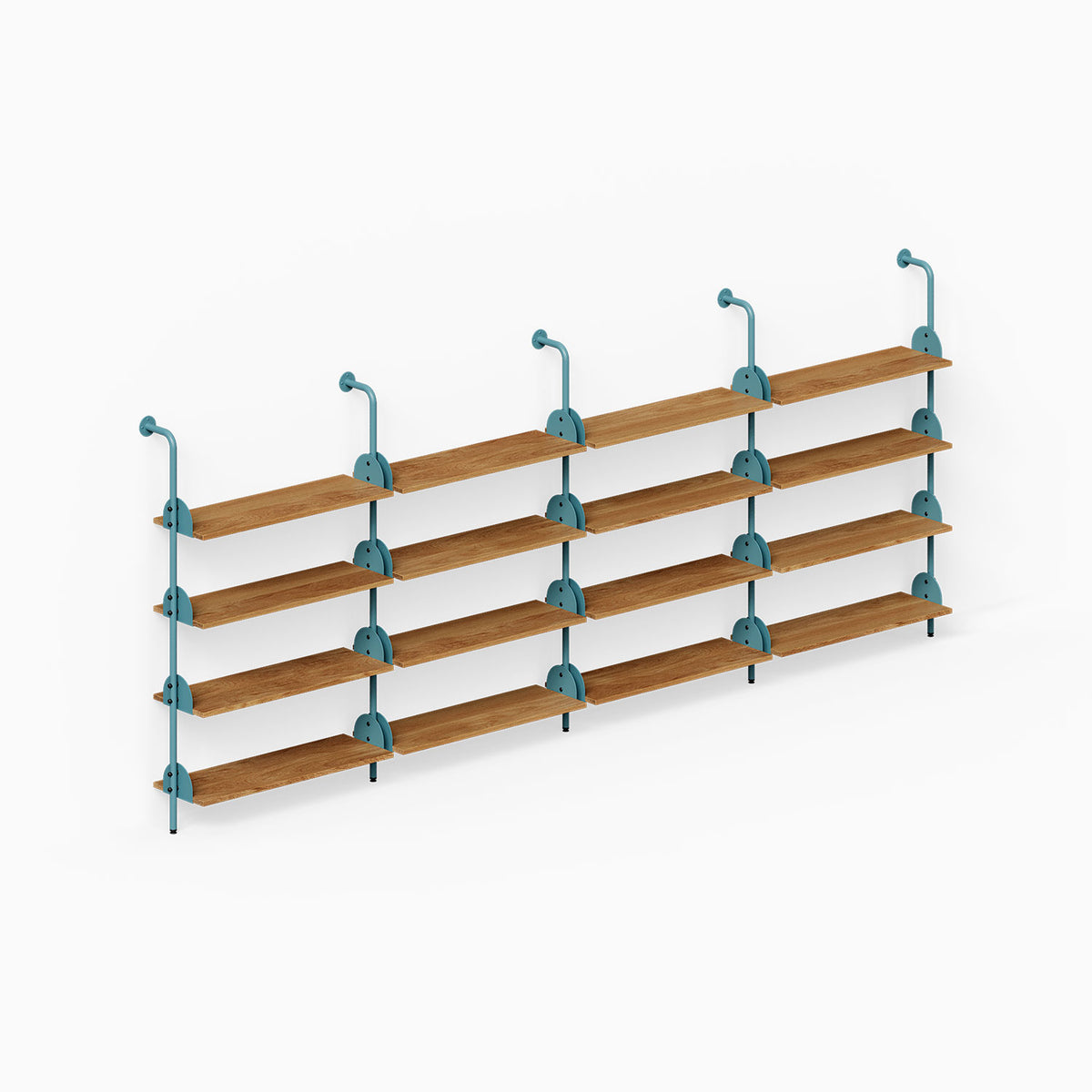 Long wall mounted shelving system with four rows of warm wood shelves and teal metal supports against a white background