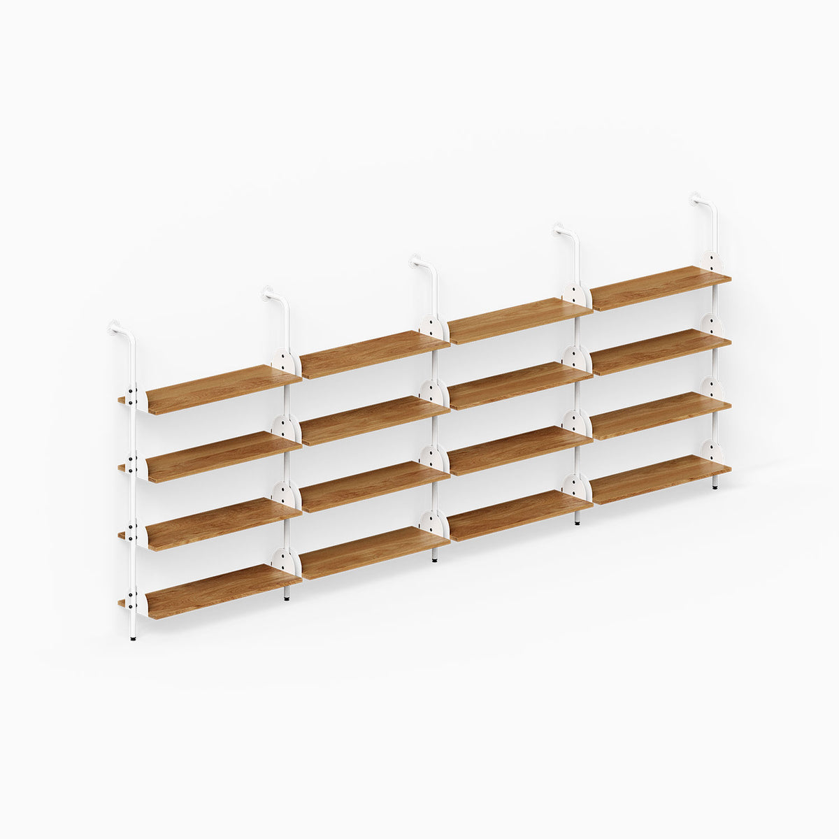 Four-tier wall shelves with warm wood surfaces and white vertical supports arranged in a long modular display against a white background