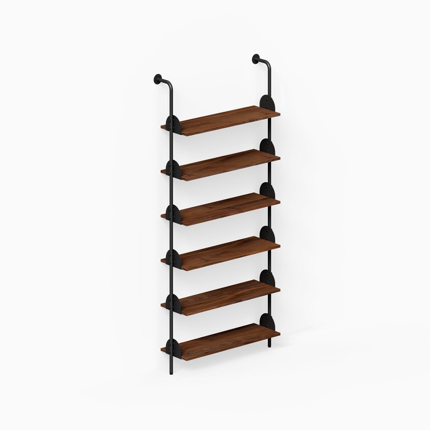 Deco Shelf System (Single Bay) with six wood shelves and black metal supports for organized wall display