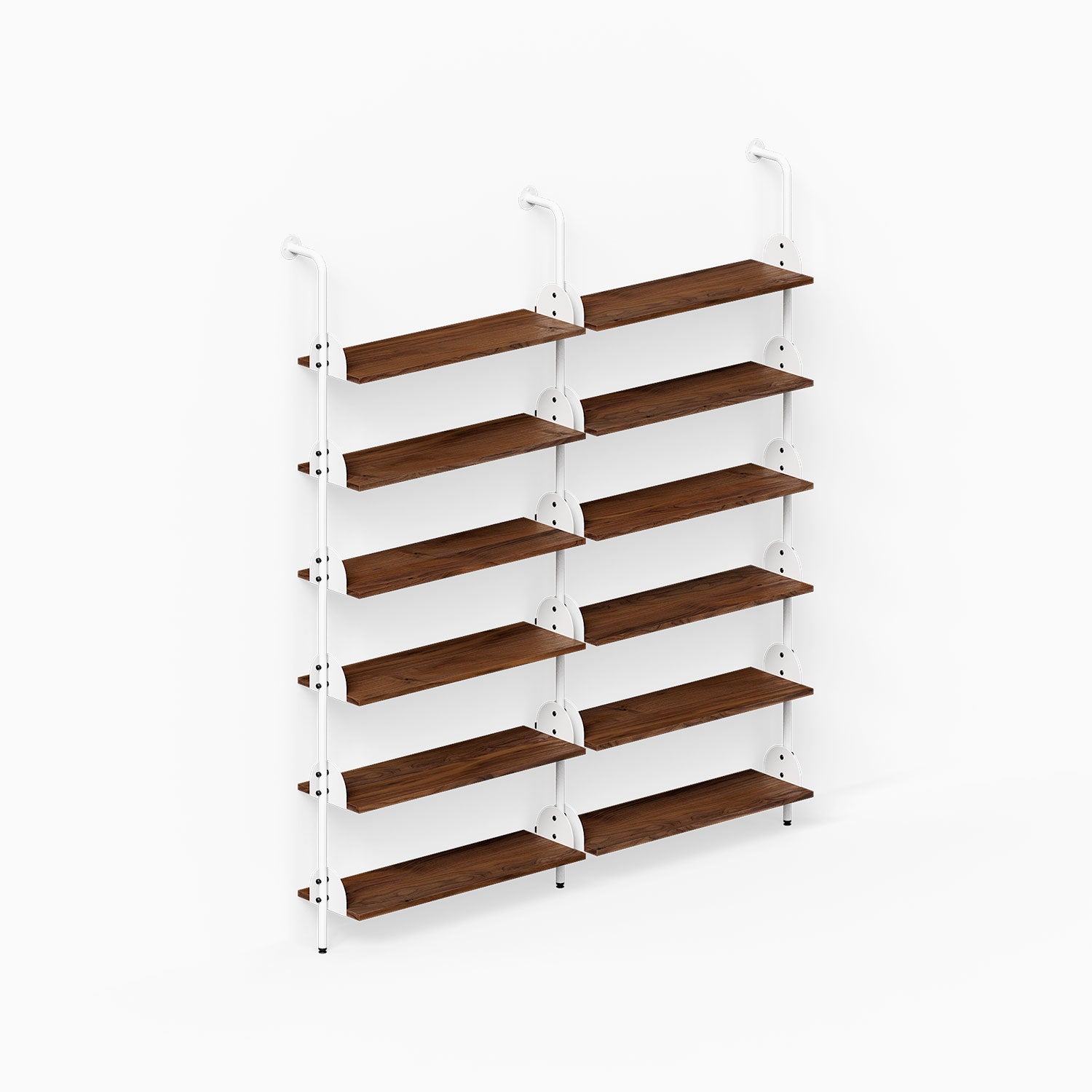 Deco Shelf System (Double Bay) featuring white vertical frames and six tiers of rich wood wall shelves for organized display