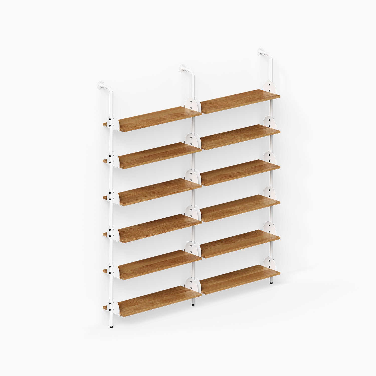 Deco Shelf System (Double Bay) with ten wood shelves and white vertical supports for organized wall display