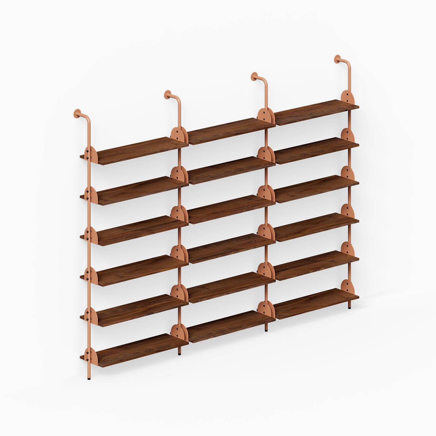 Deco Shelf System (Triple Bay) with wood shelves and metal supports creating a spacious wall display for decor and storage