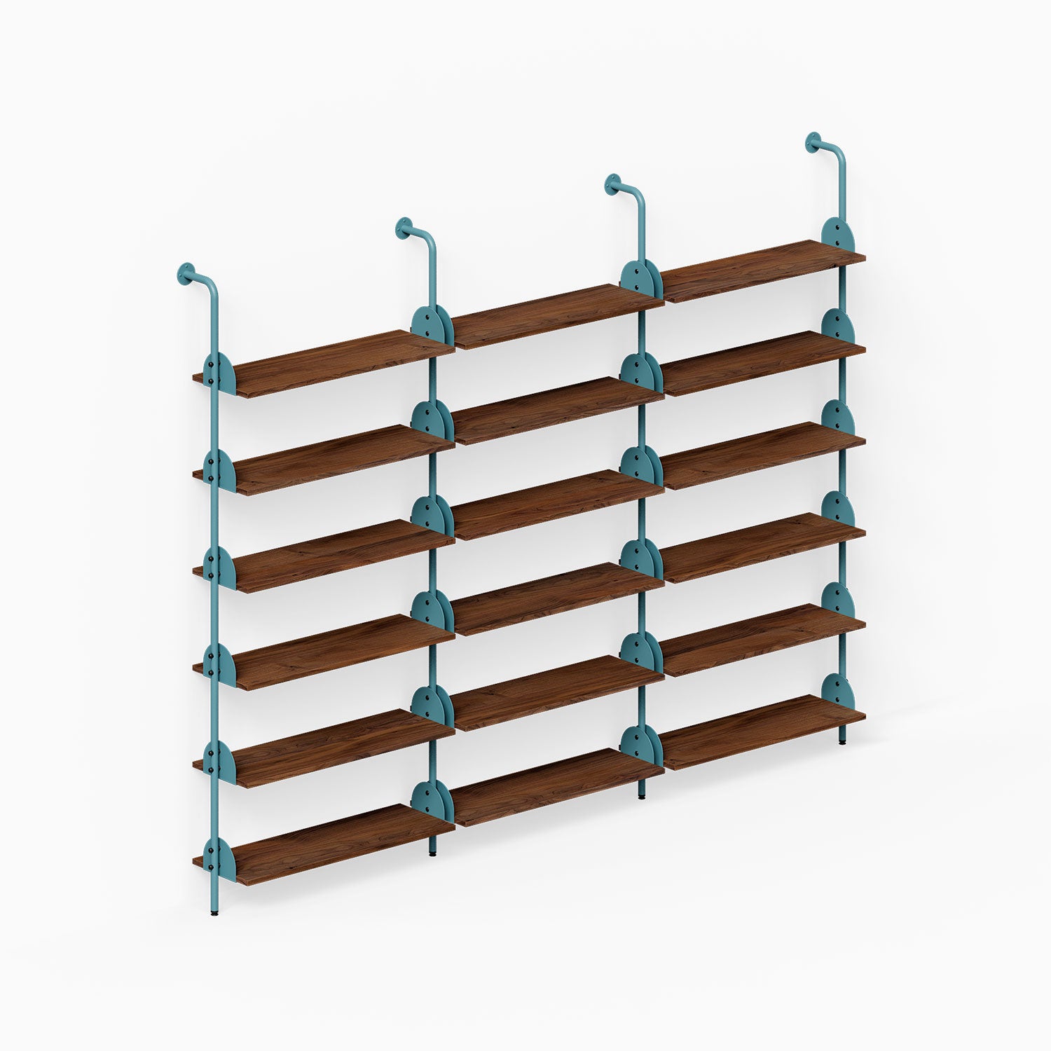 Deco Shelf System (Triple Bay) with three steel rails and five rows of dark wood wall shelves for organized display