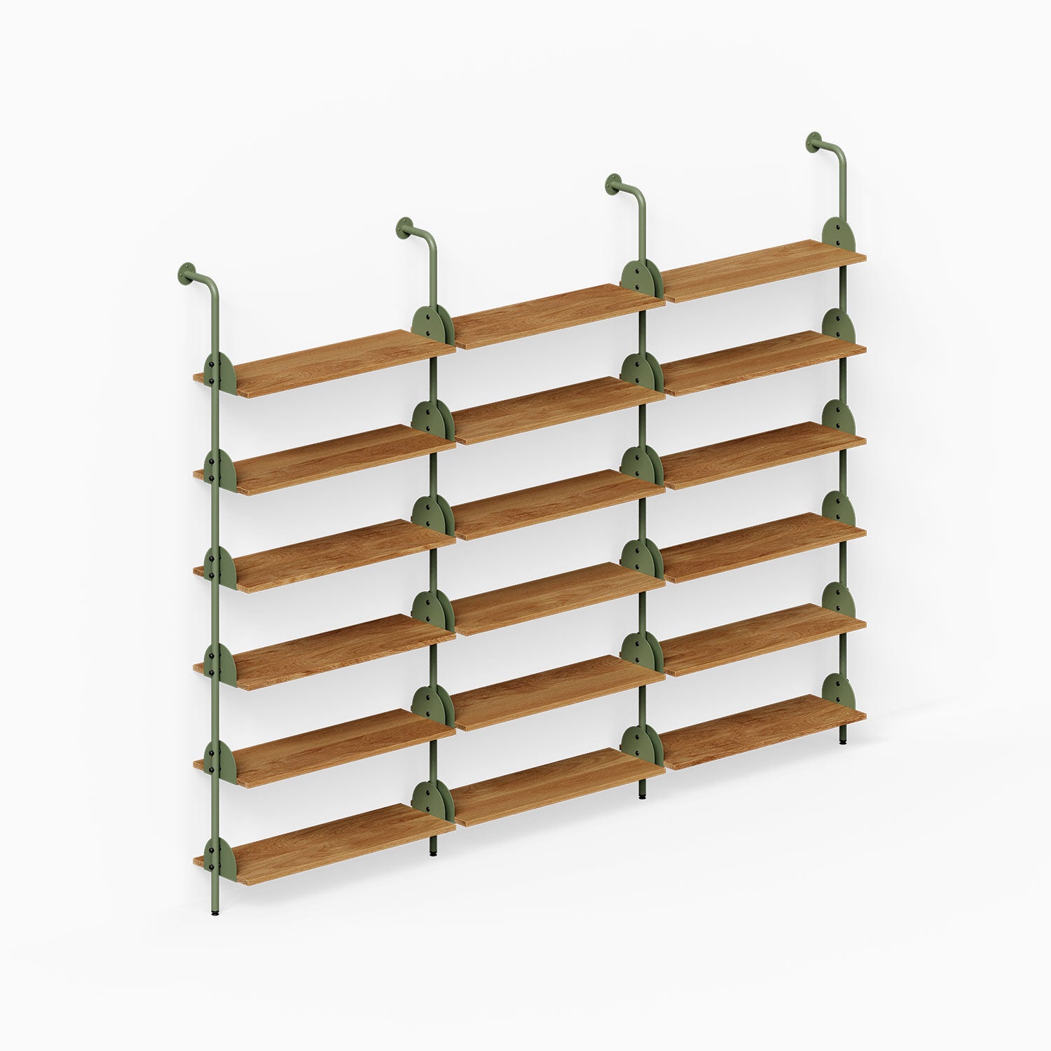 Deco Shelf System (Triple Bay) with three vertical bays of wood shelves and green metal supports for organized wall display