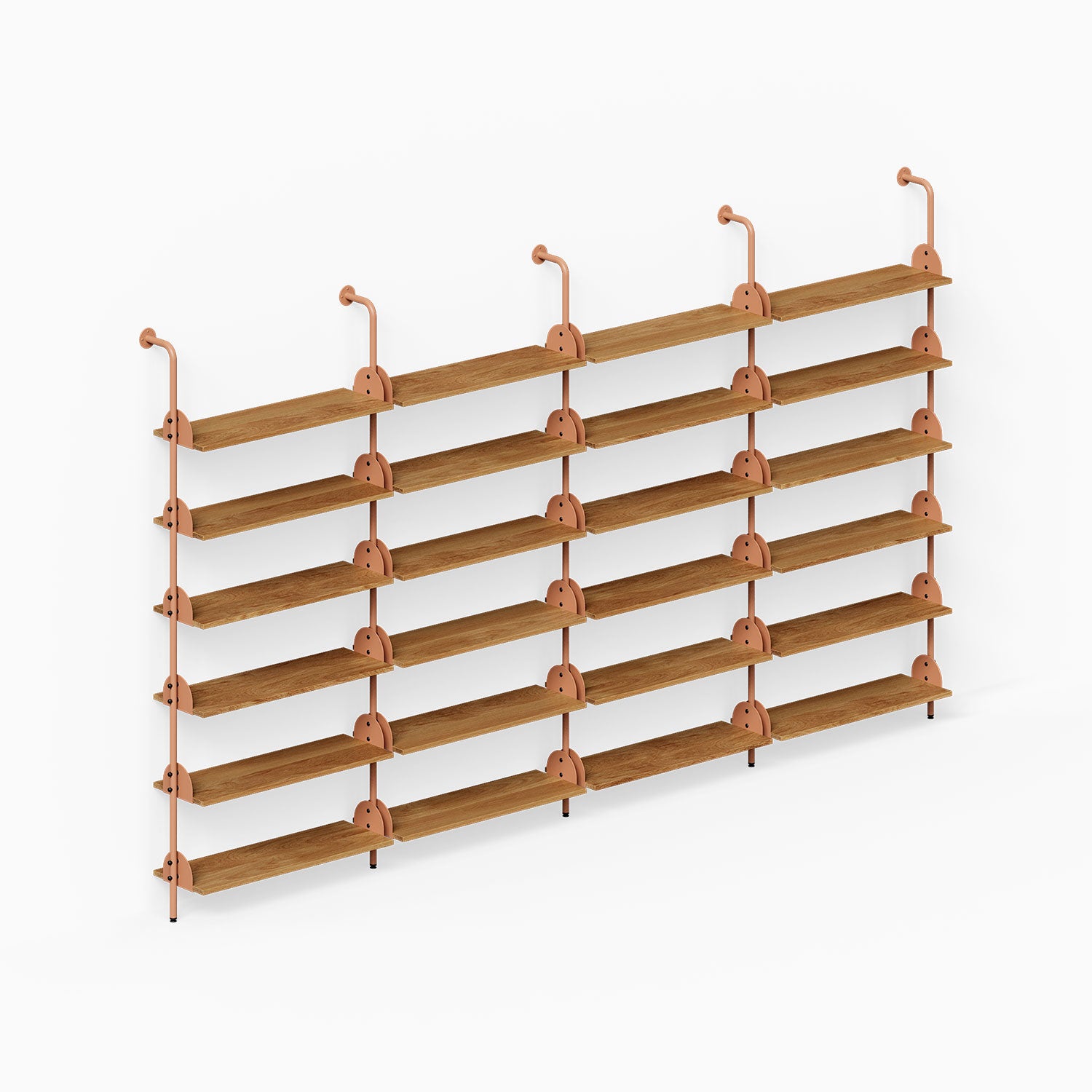 Deco Shelf System (Quadruple Bay) with multiple wood shelves and slim metal supports for organized wall display