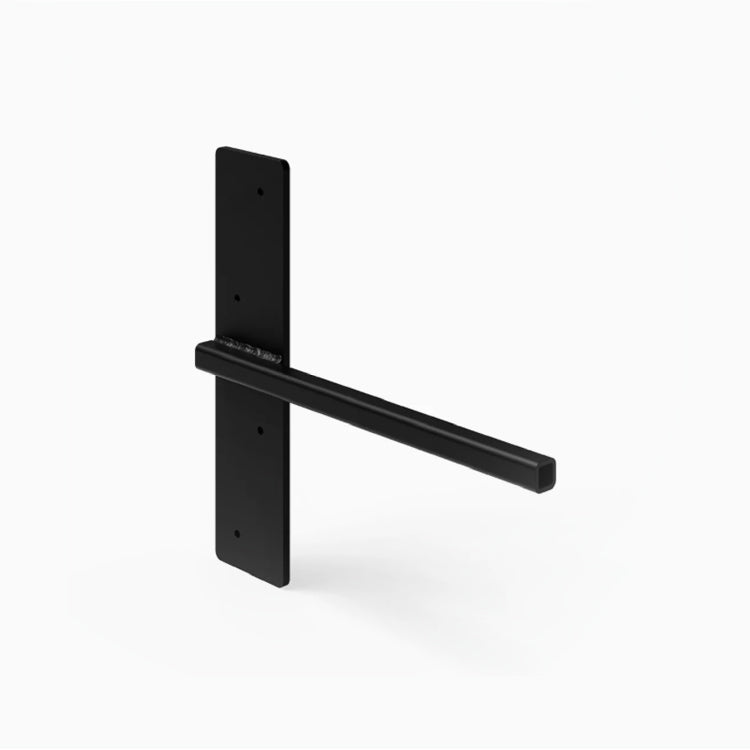 Matte black metal wall bracket featuring a vertical mounting plate and a single horizontal support arm for minimalist shelving installations.