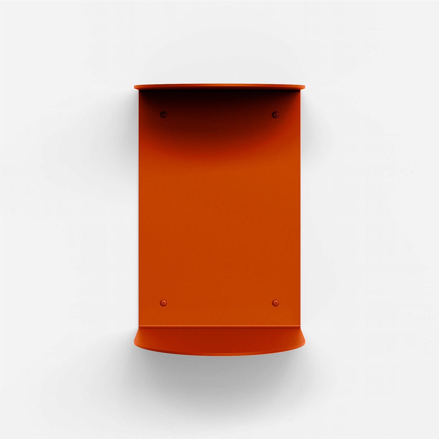 Double Rainbow Metal Wall Shelf in vibrant orange steel with minimalist curved metal floating shelf and wall display design
