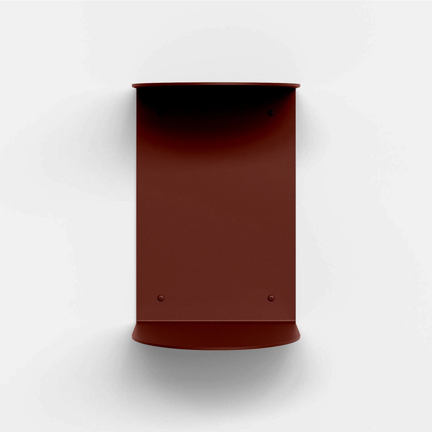 Double Rainbow Metal Wall Shelf in deep rusty red steel with minimalist curved floating shelf and wall display design