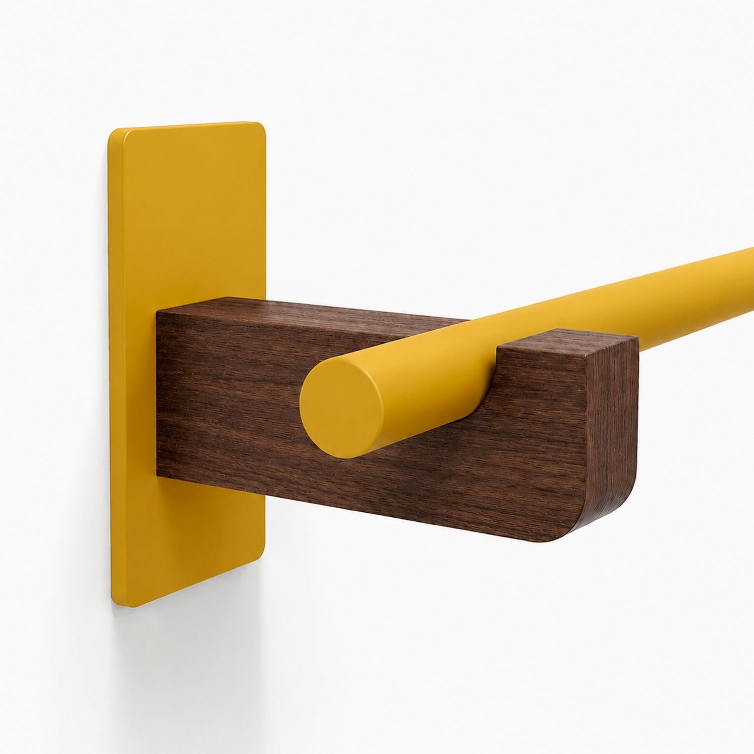 Close-up of Draper Curtain Rod System wall mount featuring a yellow metal rod held by a dark wood bracket and matching yellow metal base plate
