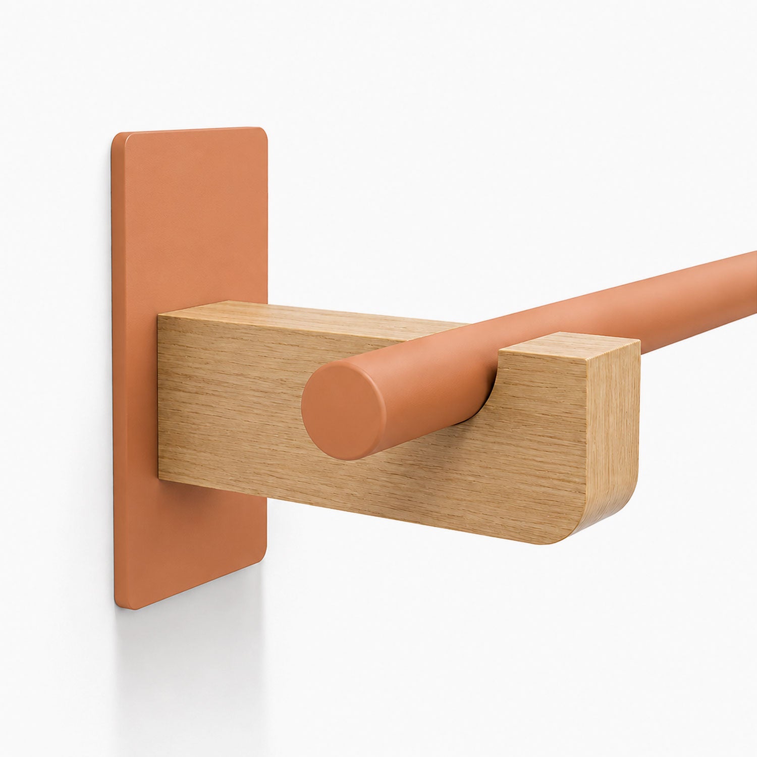 Close-up of the Draper Curtain Rod System featuring a minimalist design with a wood and terracotta metal bracket mounted on a white wall.