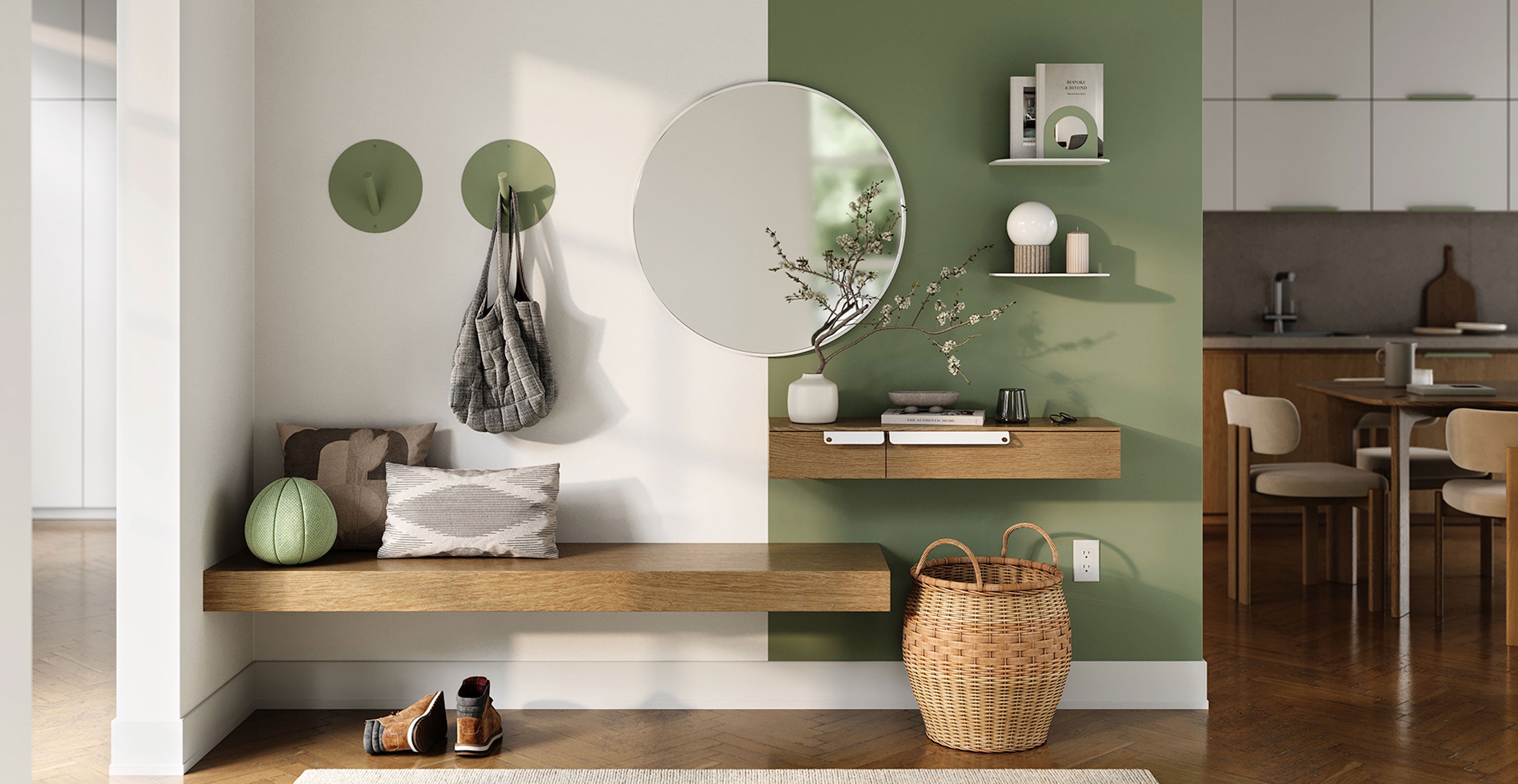 Minimalist entryway featuring a floating wood bench, round mirror, small wood floating shelves, wall hooks holding bags, and a woven basket on wooden floor.