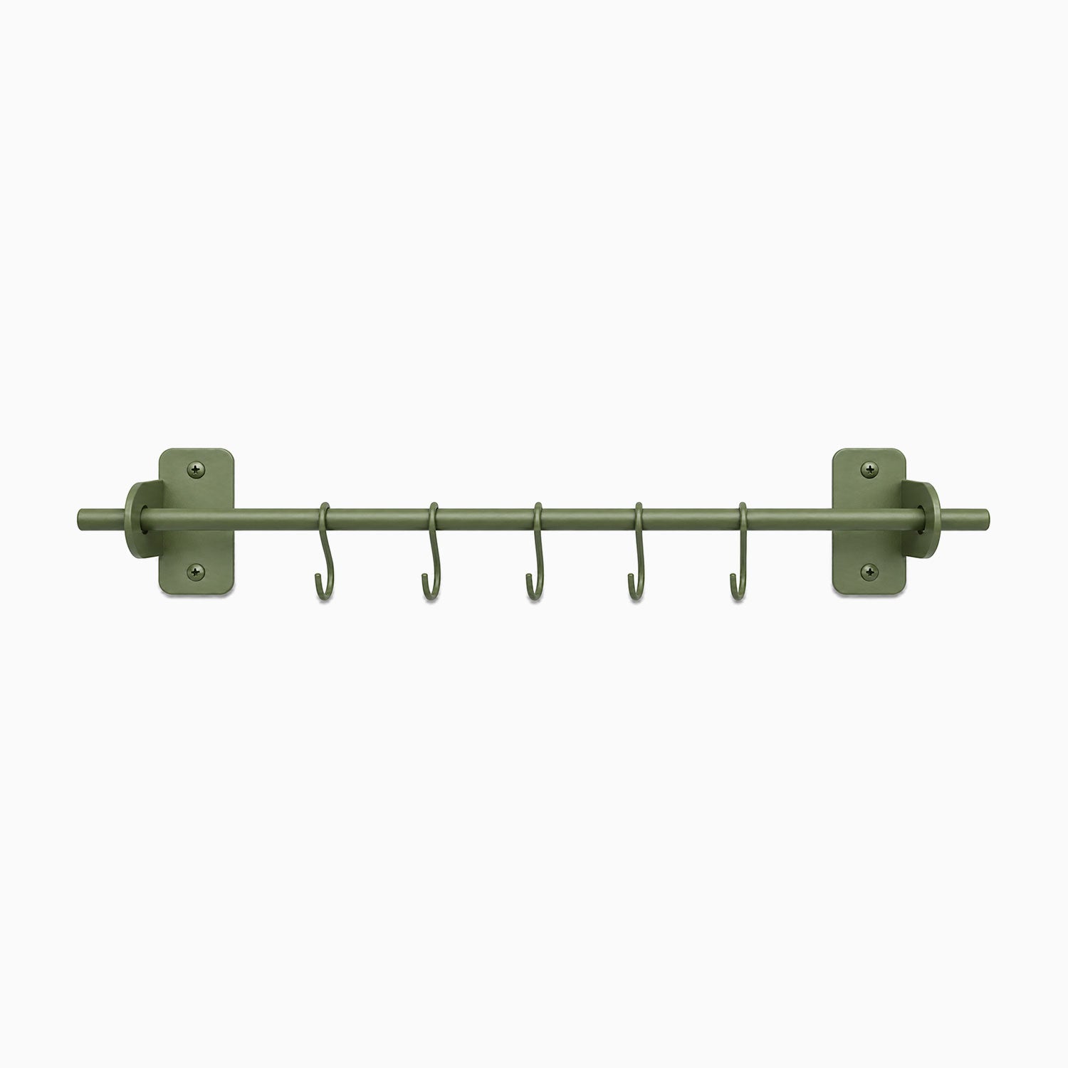 Etta Utensil Rack in muted green metal with six hooks, designed for functional wall organization and durable, rust-resistant use.