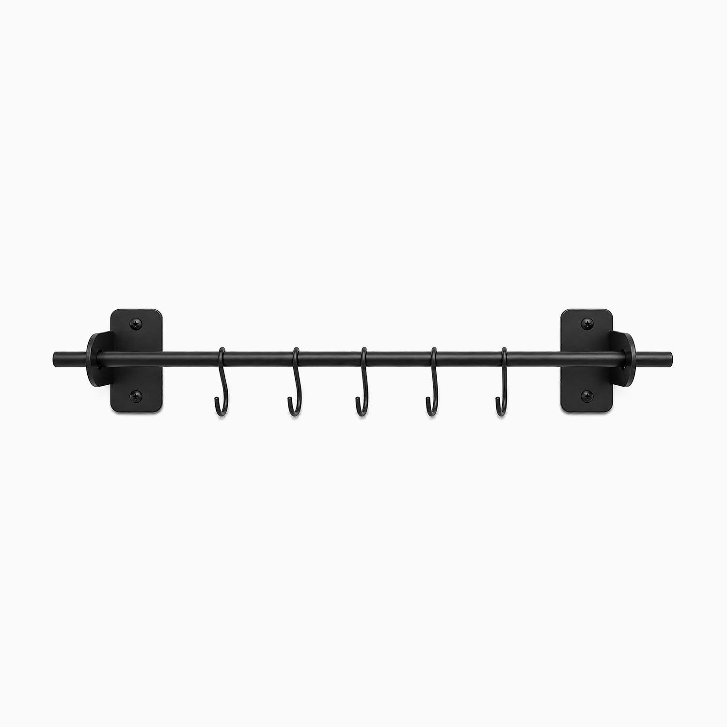 Etta Utensil Rack in matte black metal with five hooks, designed for durable wall-mounted kitchen organization and maximizing countertop space.