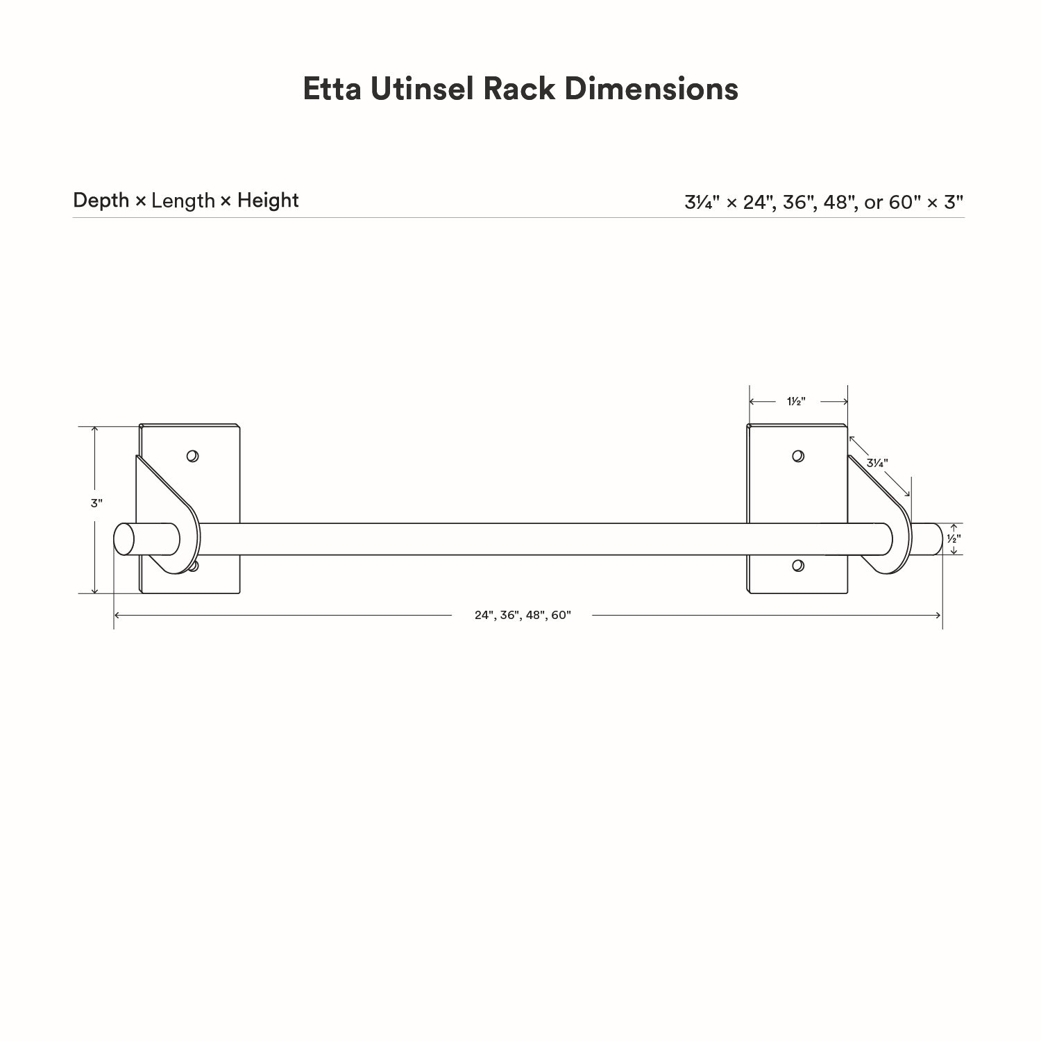 Technical line drawing showing dimensions and measurements of the Etta Utensil Rack with minimalist stainless steel wall mounting brackets designed for durable kitchen organization.
