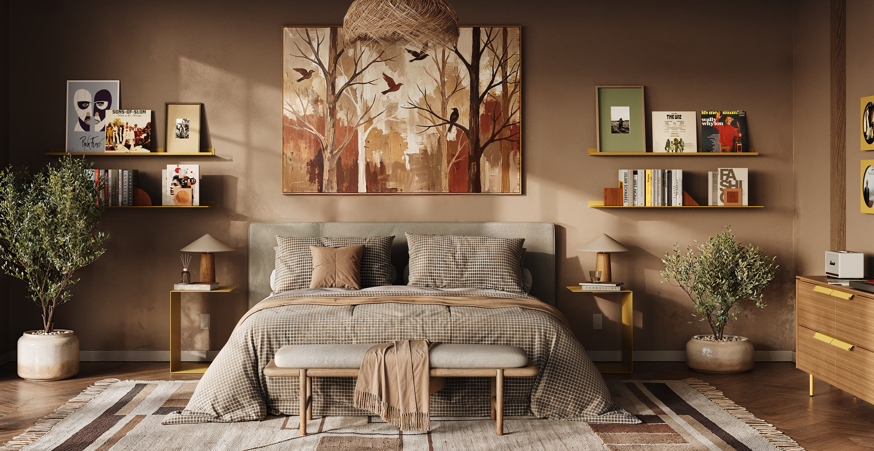 Warm bedroom with earth-toned walls and bedding, featuring wood floating shelves holding books and framed art, two bedside tables, potted plants, and a bench at the foot of the bed.