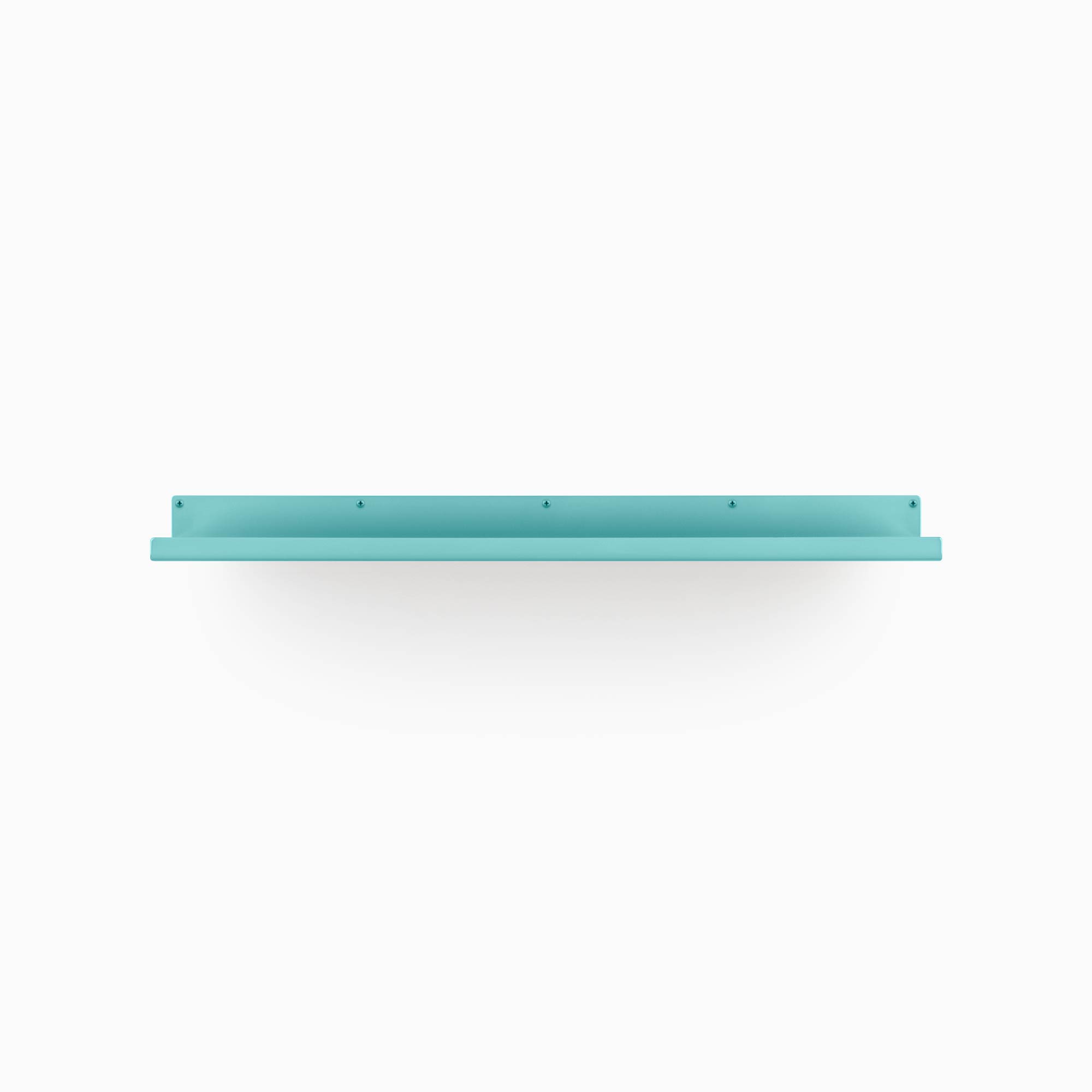 Simple turquoise metal floating shelf with screw holes for wall mounting against a plain white background