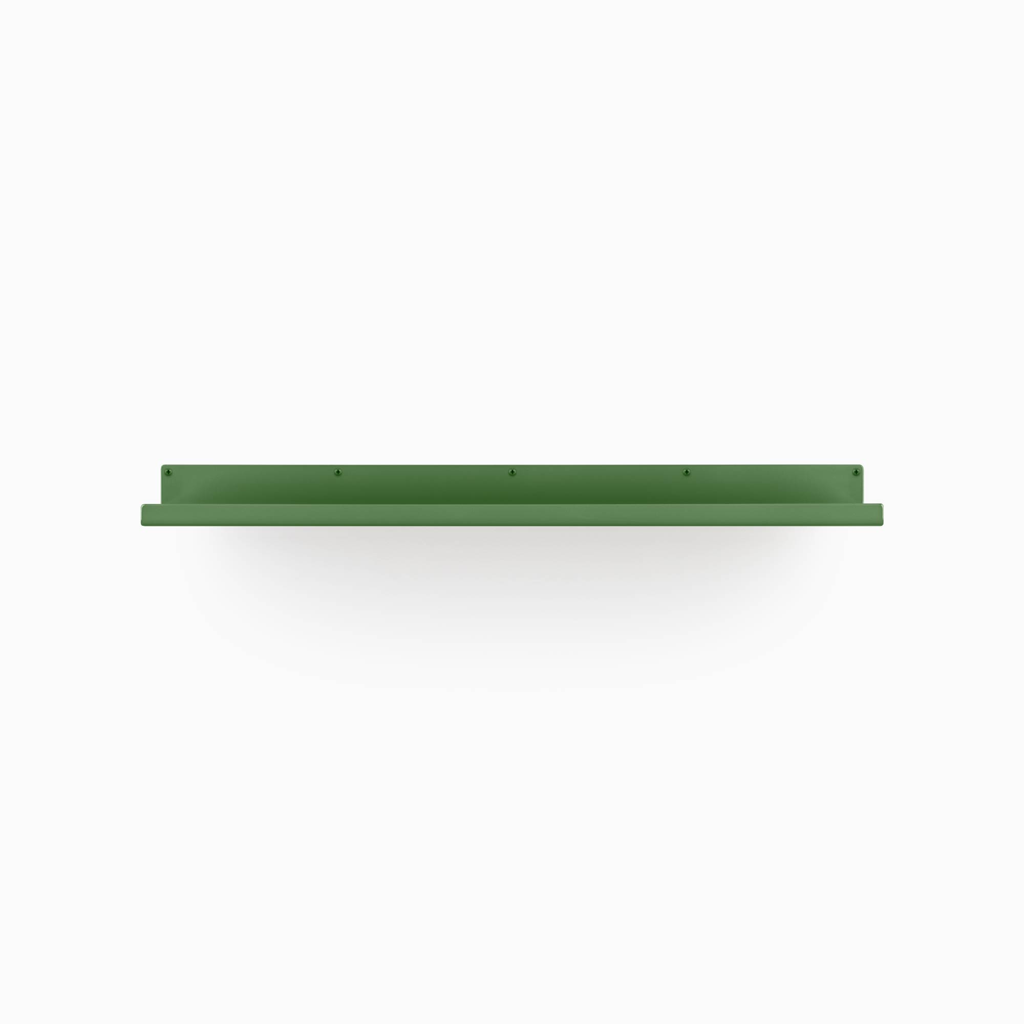 Minimalist green floating wall shelf with pre-drilled holes for mounting against a plain white backdrop
