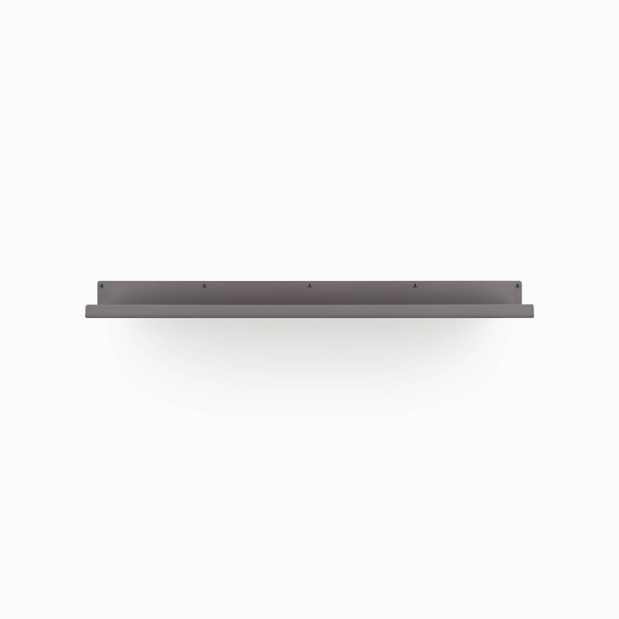 Dark gray metal floating shelf bracket with multiple screw holes against a plain white backdrop