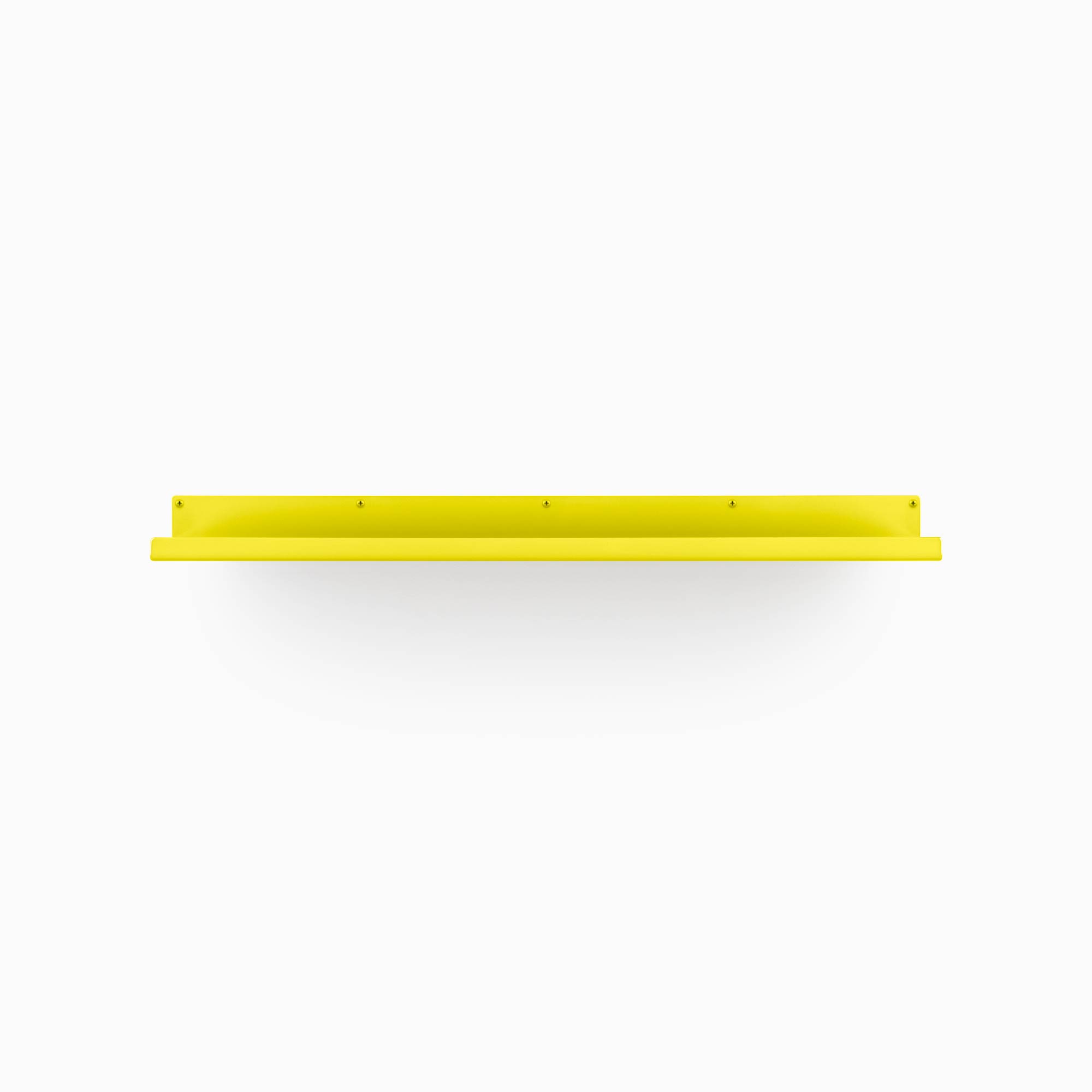 Bright yellow floating wall shelf with pre-drilled holes for mounting against a plain white background