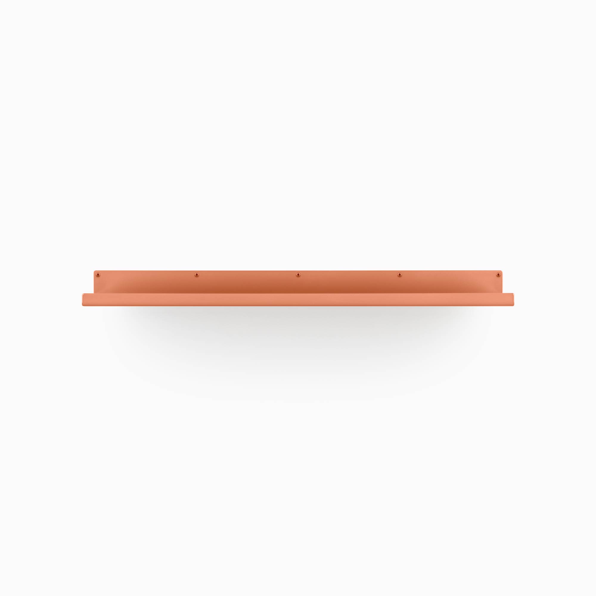 Rust-colored metal floating shelf bracket with multiple screw holes for wall mounting against a white background
