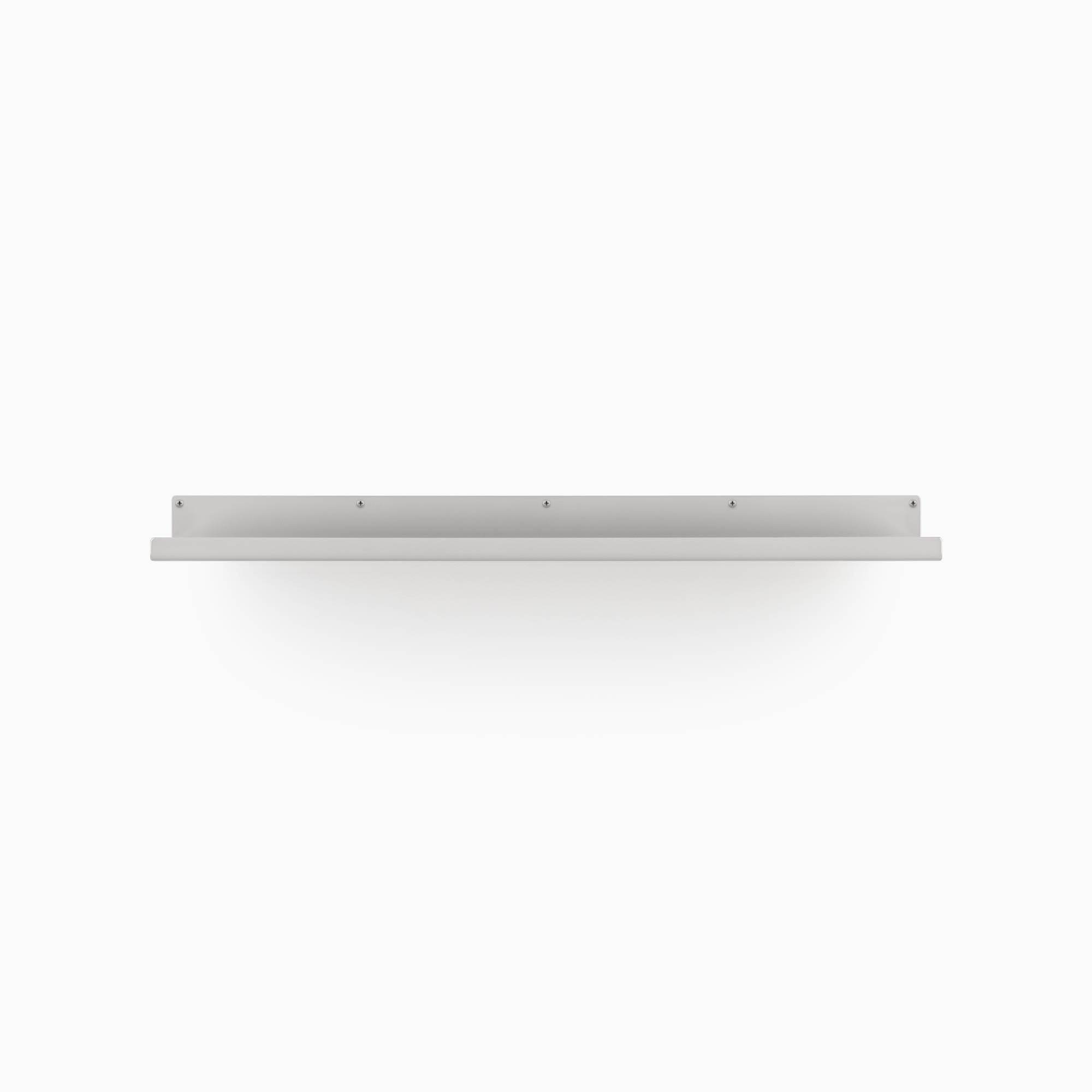 Simple white floating shelf bracket with multiple mounting holes against a plain white background
