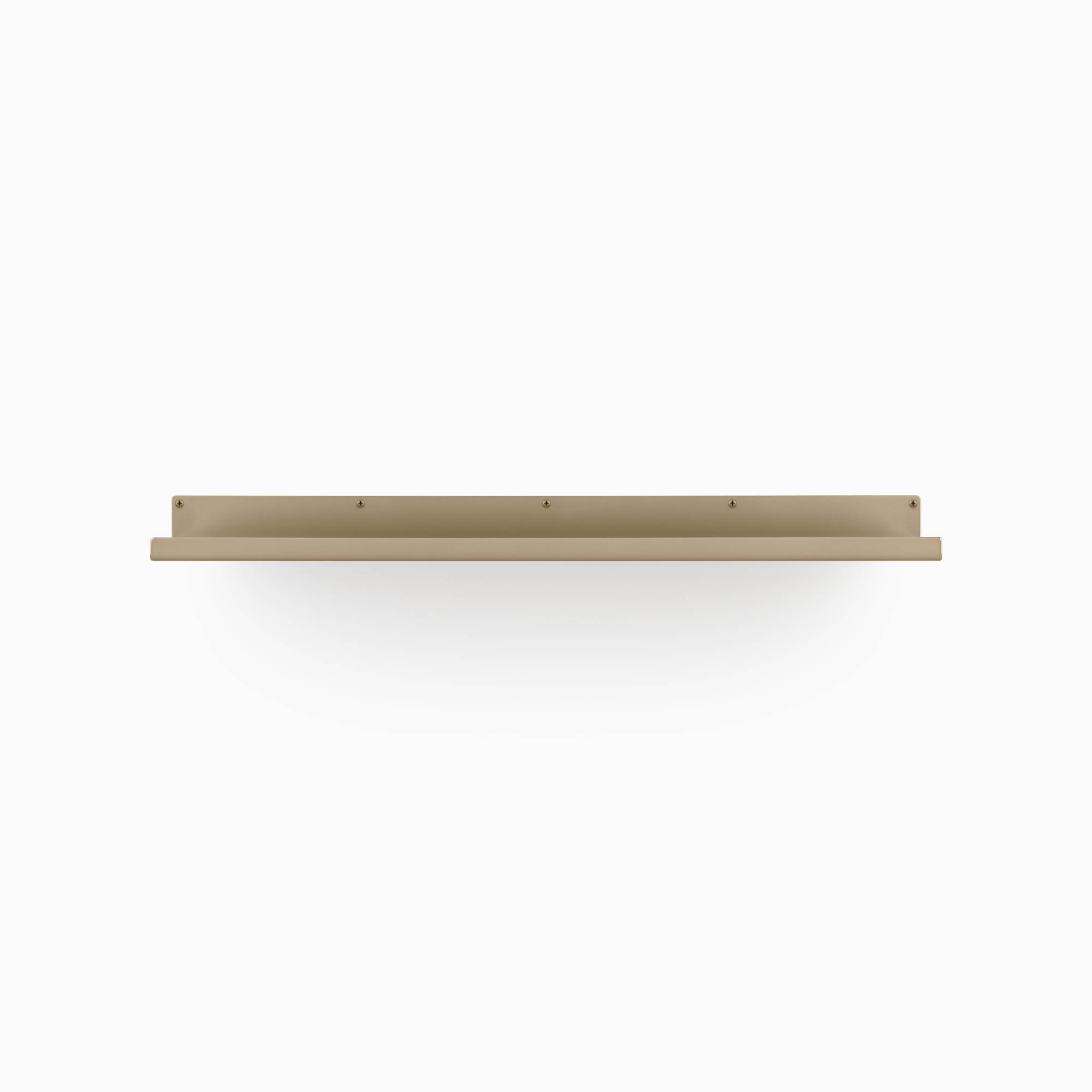 Beige metal shelf bracket with clean edges and multiple mounting holes against a white background