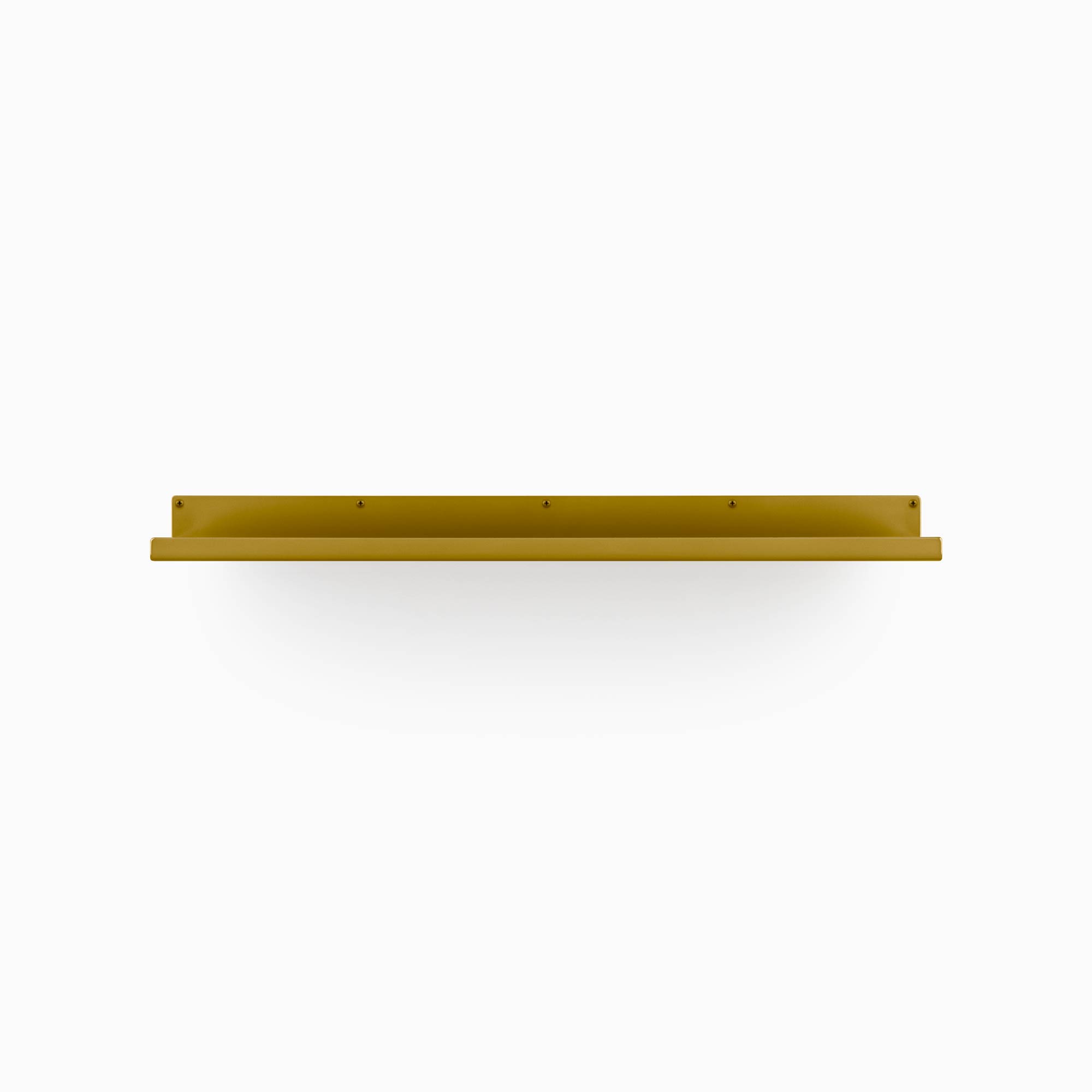 Mustard yellow metal floating shelf bracket with flat base and multiple mounting holes on a clean white background