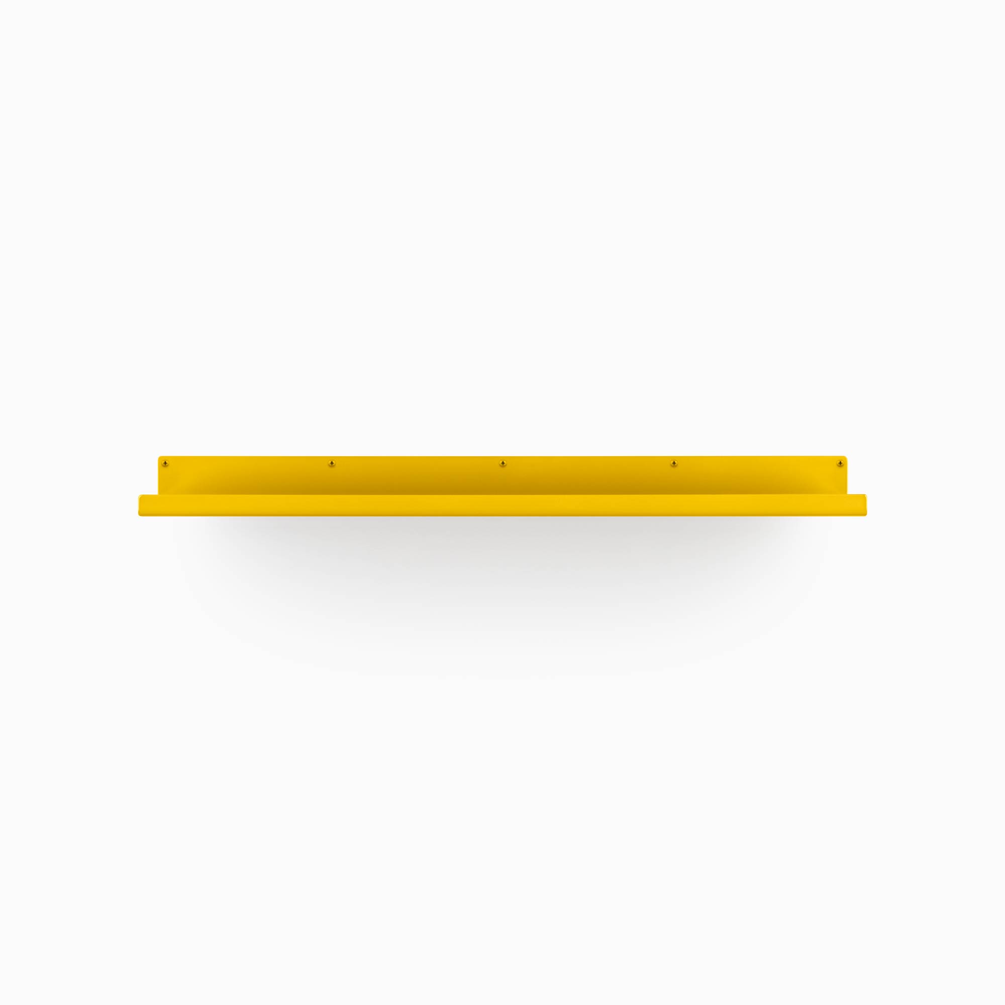 Bright yellow metal floating shelf bracket with multiple screw holes for secure wall mounting against a white background